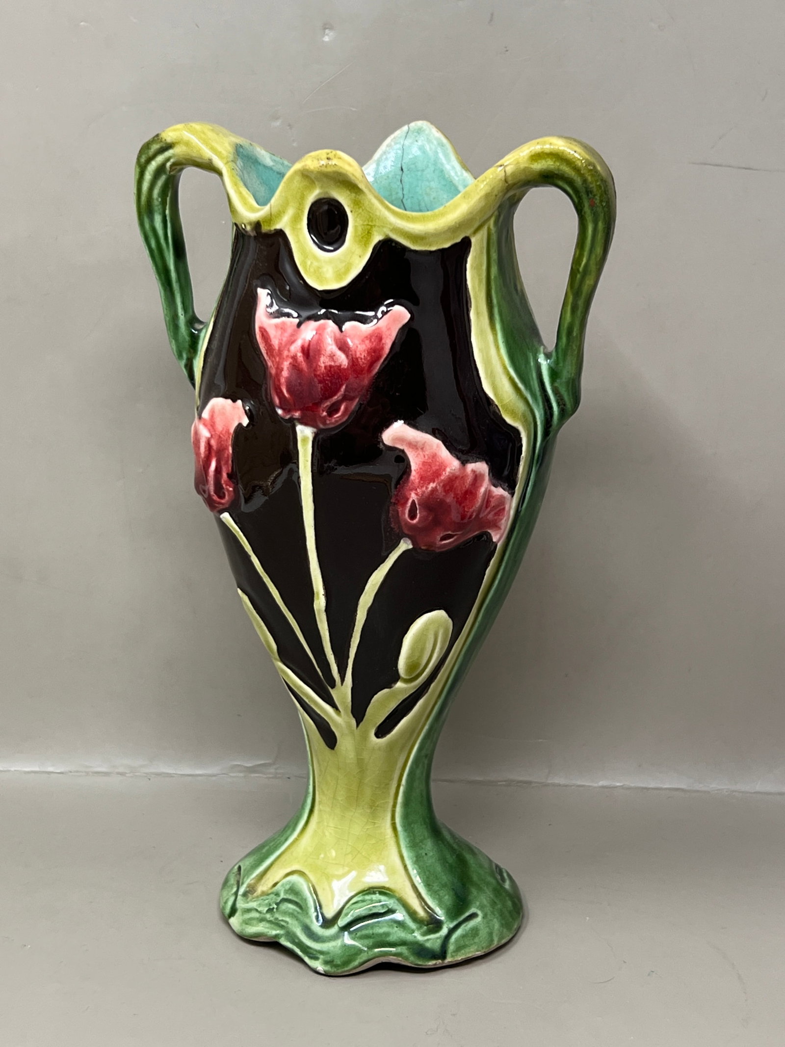 Antique Art Nouveau Majolica Vase with Multiple Stamps: **