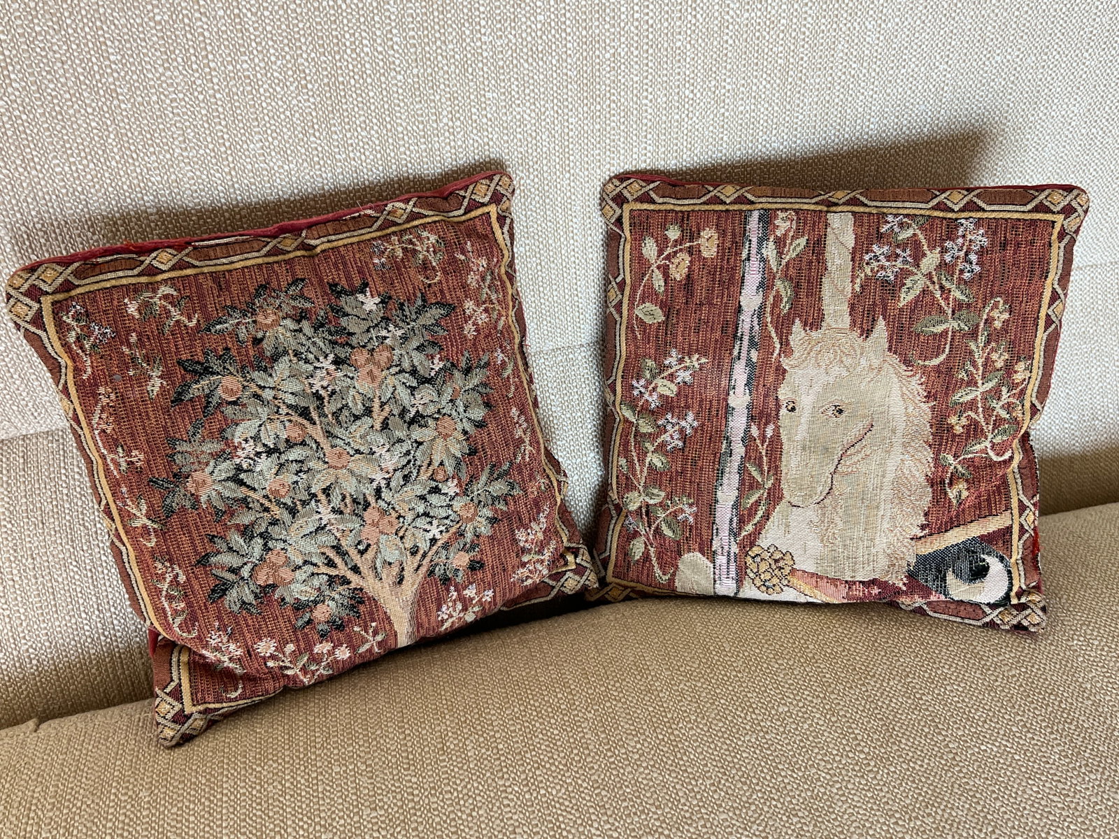 Pair of Needlepoint Tapestry Throw Pillows, Unicorn, Fruit Tree (1 of 14)