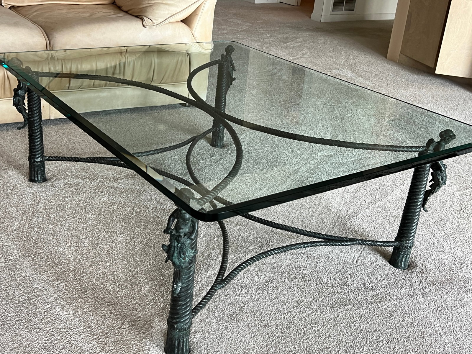 Hollow Bronze Modern Neoclassical Cherub Coffee Table with Glass Top: Glass top has some scratches