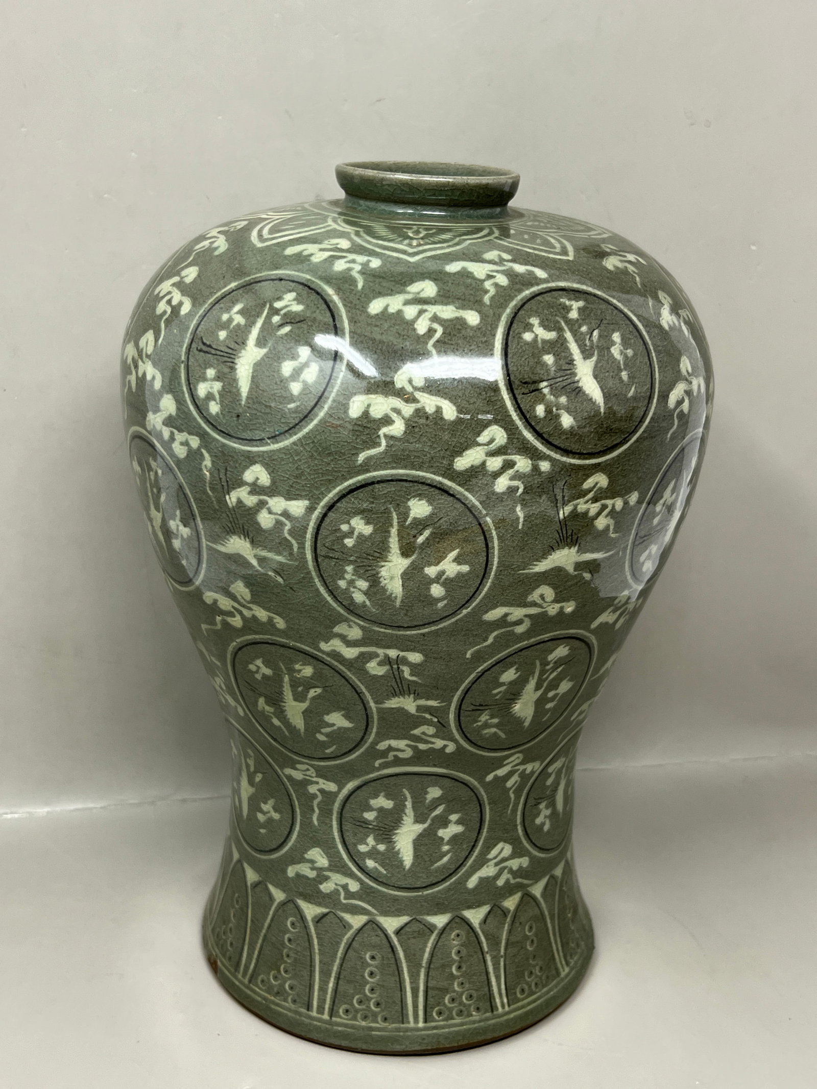 Signed Korean Celadon Cranes & Clouds Maebyeong Vase (1 of 15)