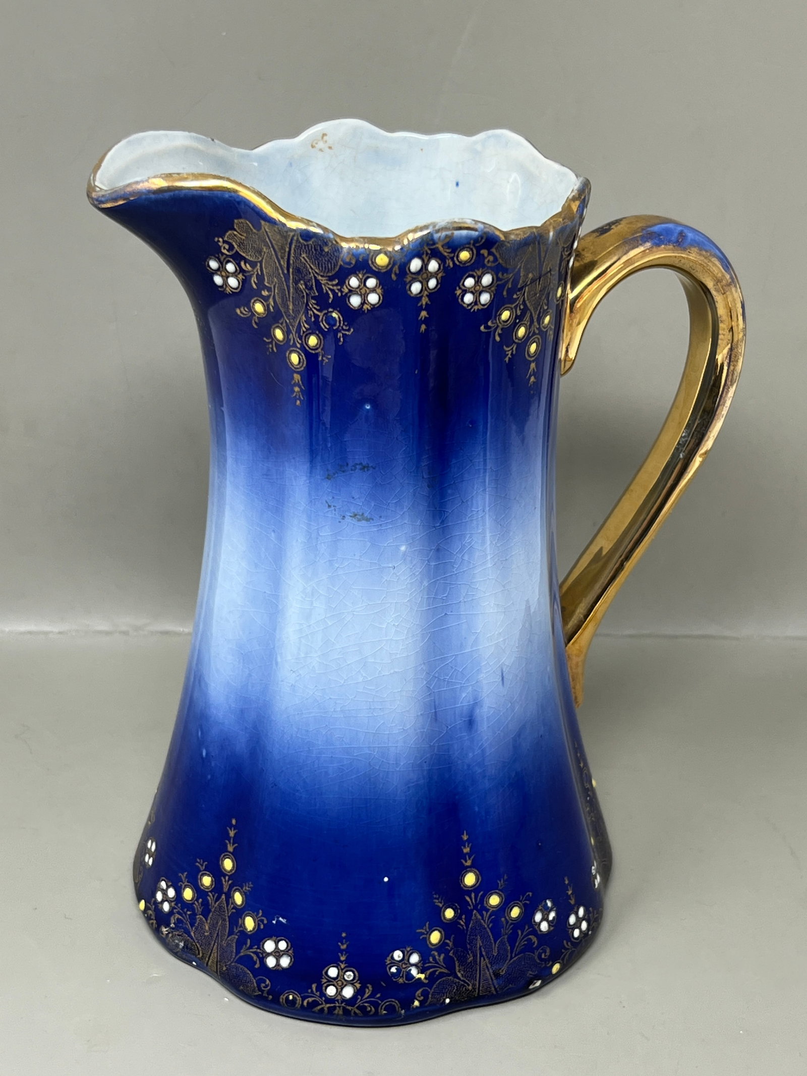Antique Keller & Guerin Luneville France Flow Blue Handpainted Pitcher Vase (1 of 15)