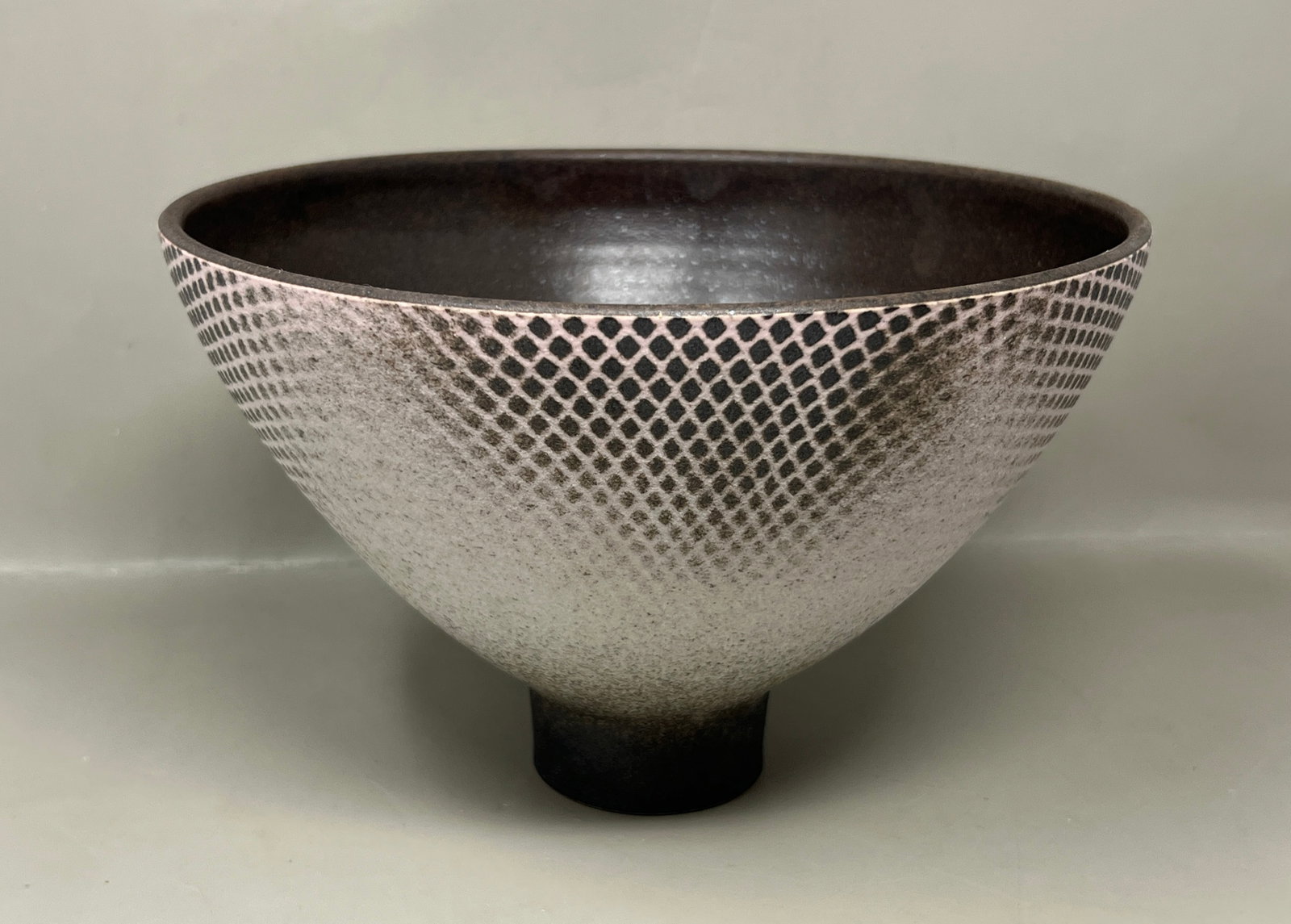 Artist Stamped Art Pottery Pedestal Bowl w Snakeskin Pattern: DH with Apple Stamp