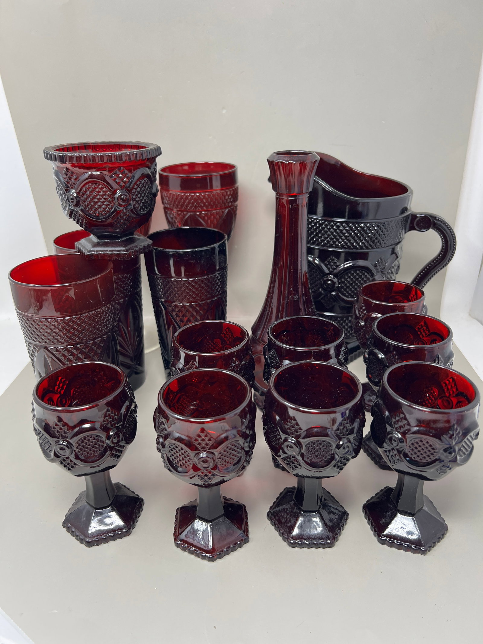 Large Lot of Ruby Red Pressed Glass, Pitcher, Goblets, Highballs, Wine (1 of 12)