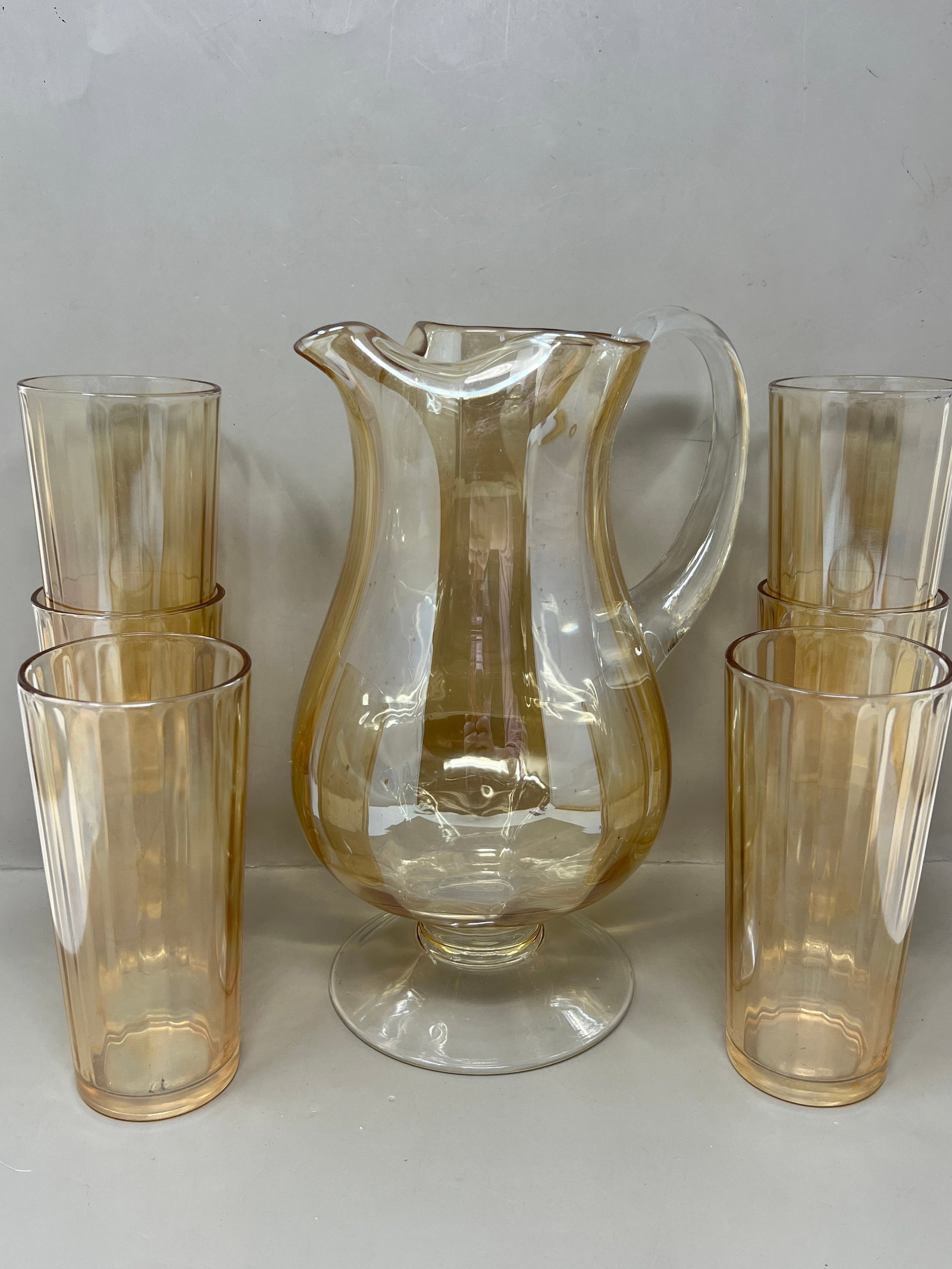 Amber Glass Lusterware Iced Tea Set Pitcher and Six Highball Glasses (1 of 11)
