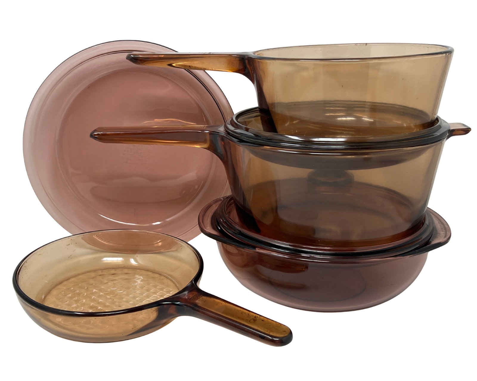 Visions by Corning Corelle Amber, Cranberry Glass Cookware, Various Brands Smoke Glass Pots Pans: A mixed bag of great design glass cookware