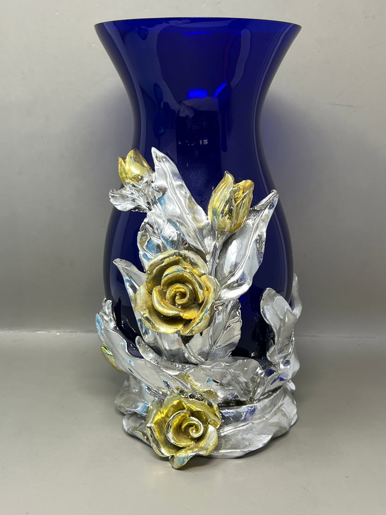 Cobalt Glass with Resin Overlay Floral Vase (1 of 7)