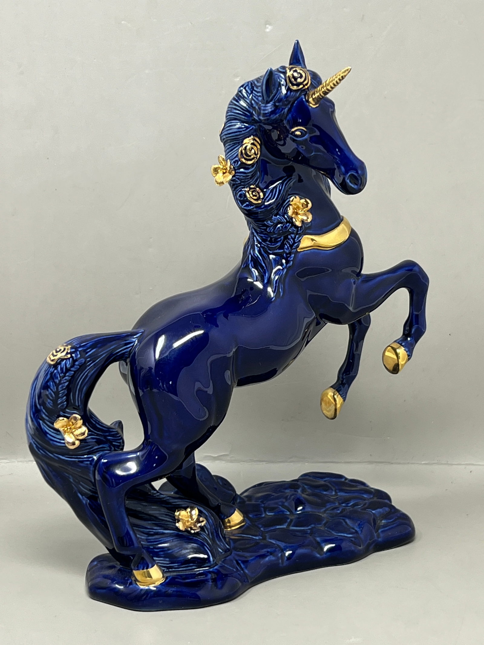 Midsummer Night Unicorn Porcelain Statue Princeton Gallery c1995: Cobalt blue with 24K Gold Embellishment