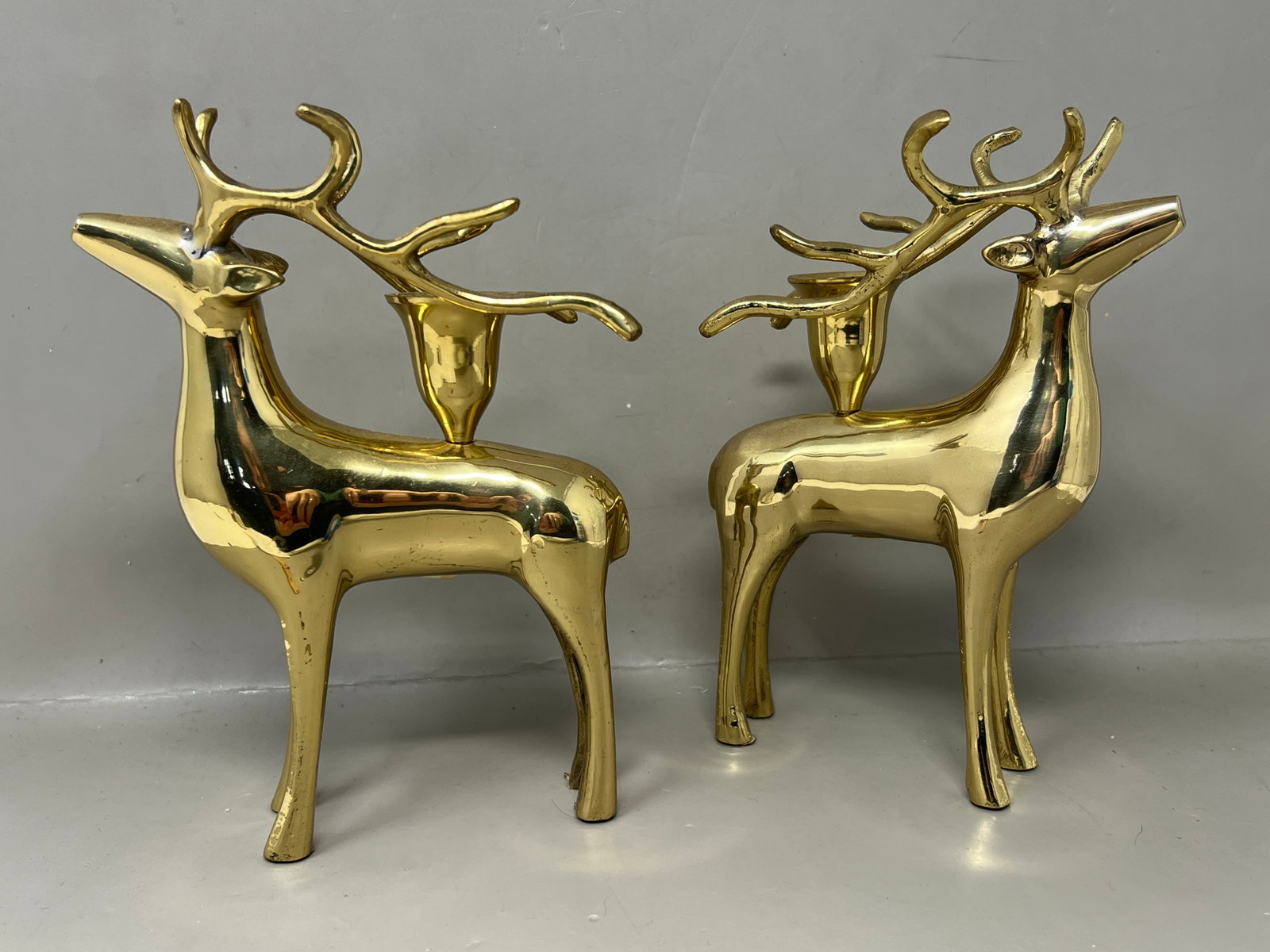 Pair of Heavy Polished Brass Reindeer Candlesticks Candle Holders: nicely polished
