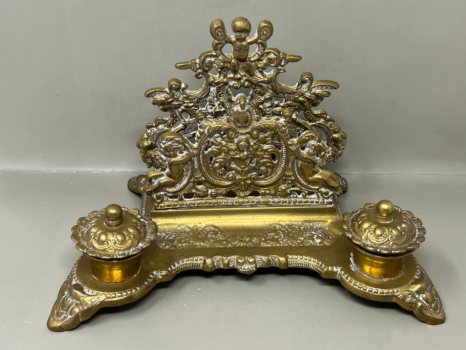 Heavy Solid Brass Inkwell with Cherubs: has both caps, hooray!