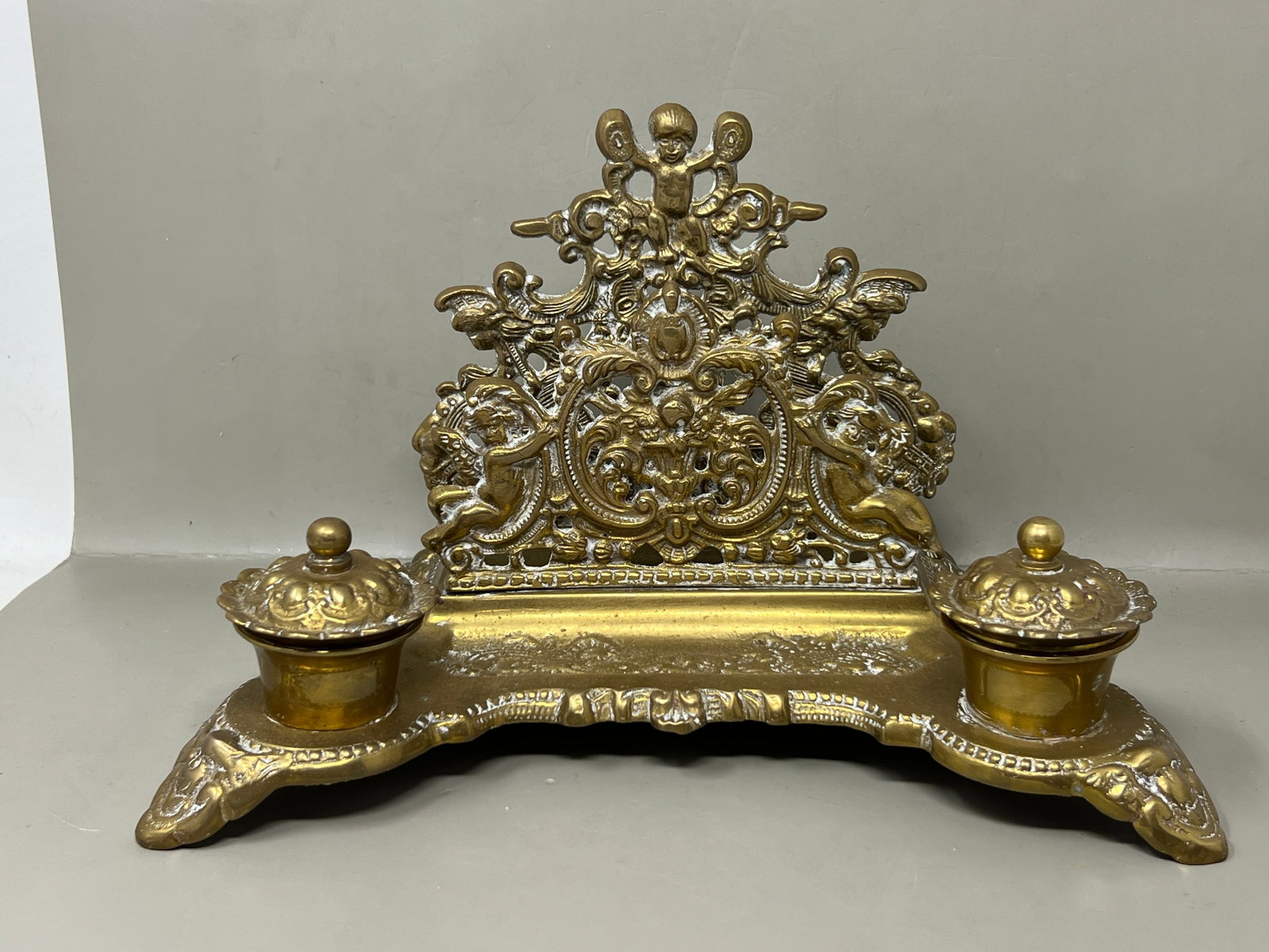 Heavy Solid Brass Inkwell with Cherubs - 2