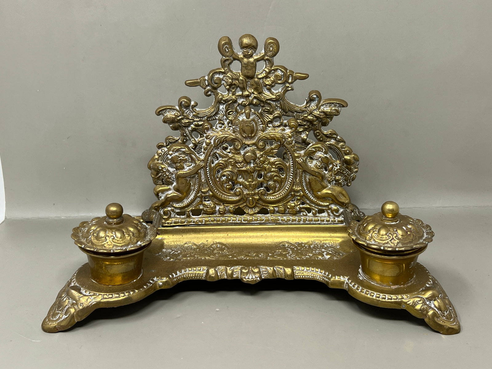 Heavy Solid Brass Inkwell with Cherubs - 3