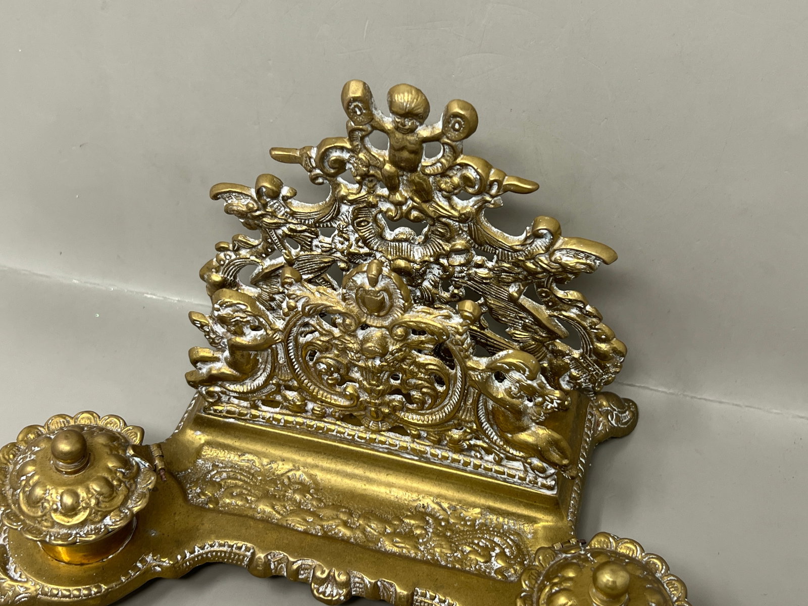 Heavy Solid Brass Inkwell with Cherubs - 4