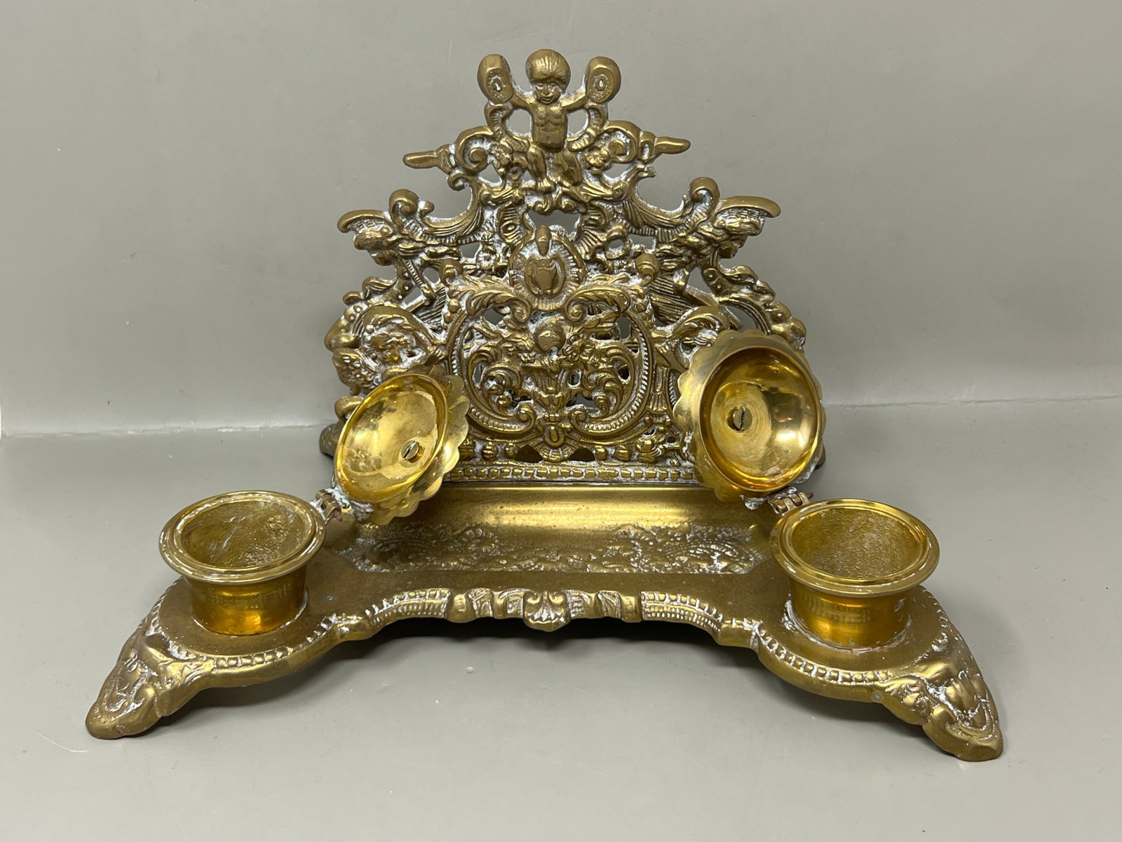 Heavy Solid Brass Inkwell with Cherubs - 7