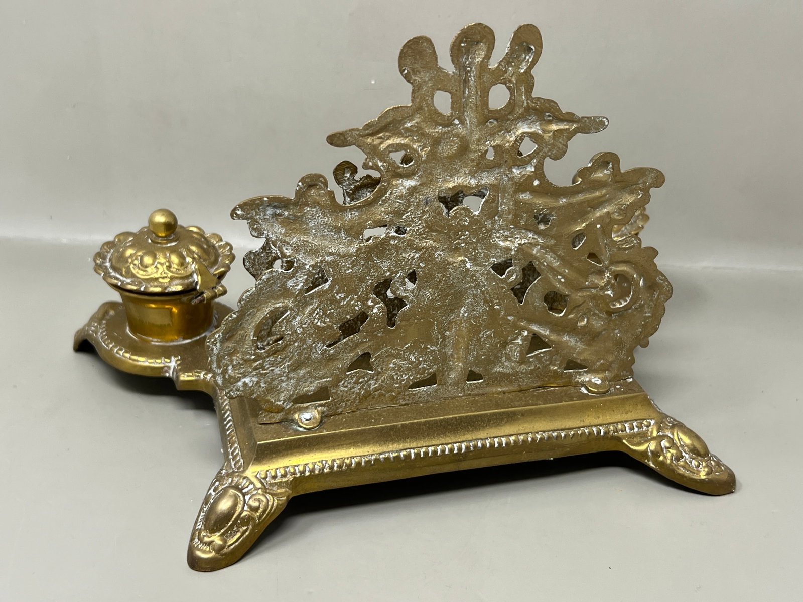Heavy Solid Brass Inkwell with Cherubs - 9