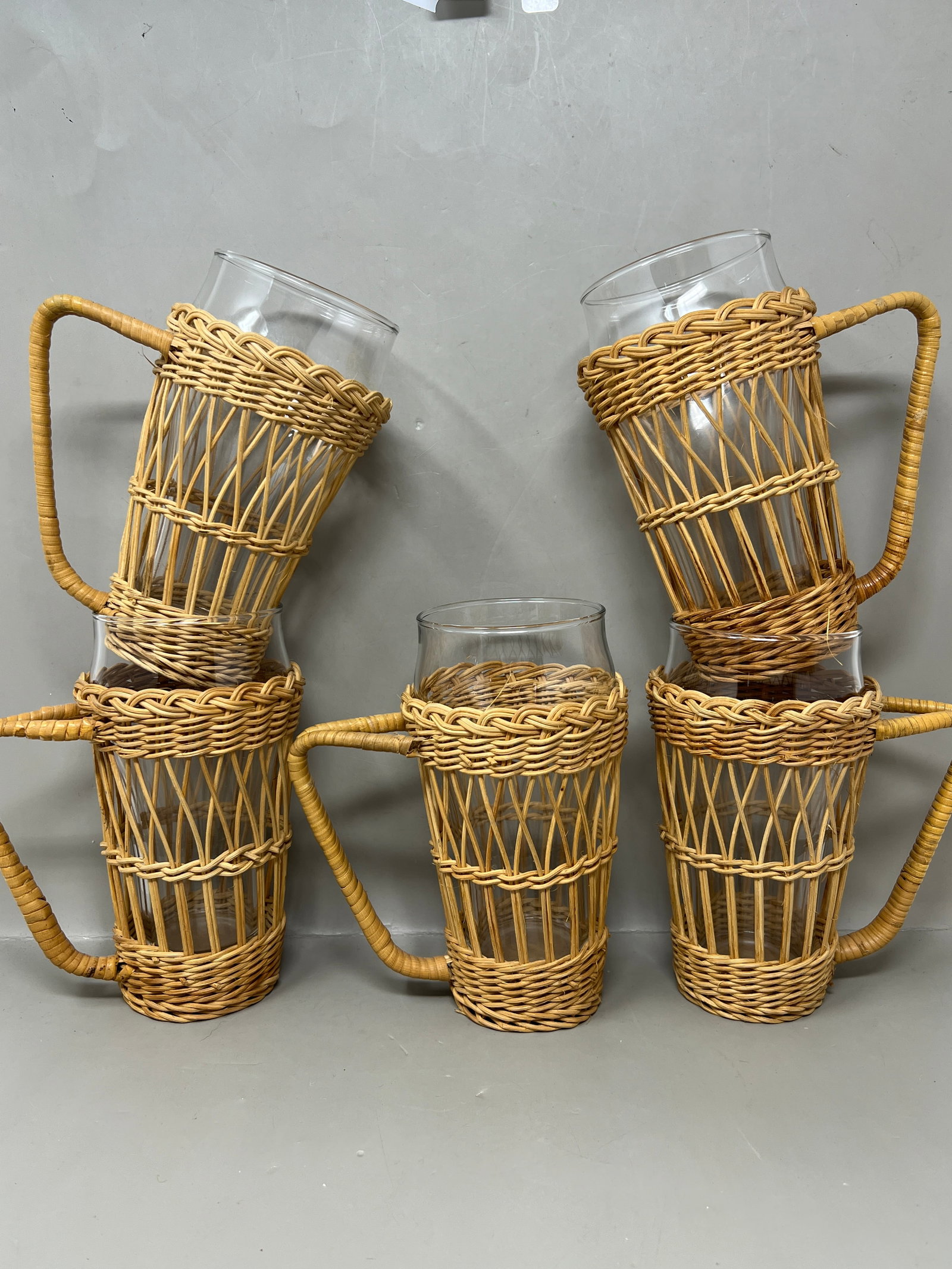 Vintage Wicker Wrapped Pitcher & Ice Tea Glasses: one has been replaced with a christmas coca cola glass