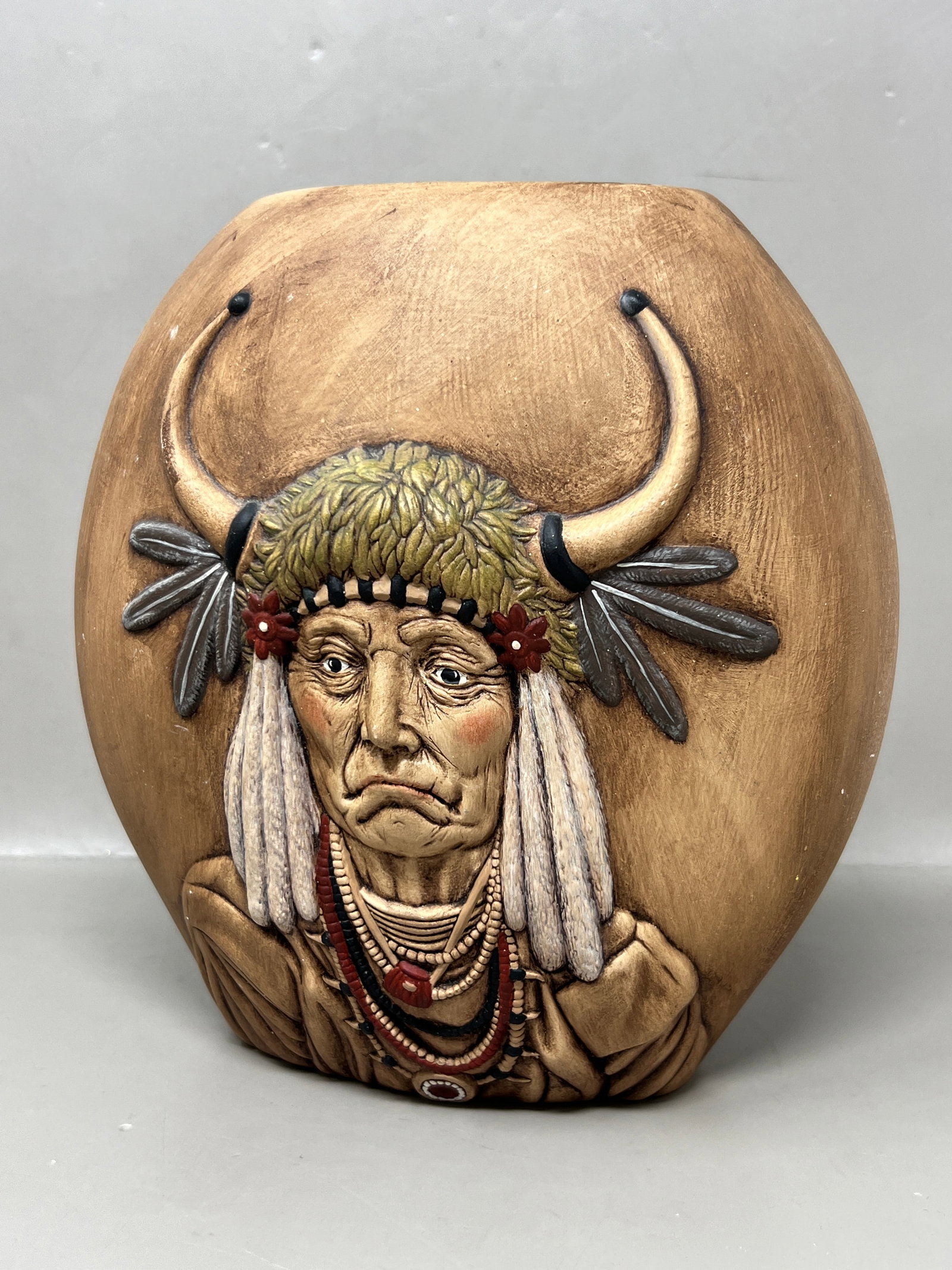 Handpainted Vintage Native American Motif Floral Vase (1 of 11)