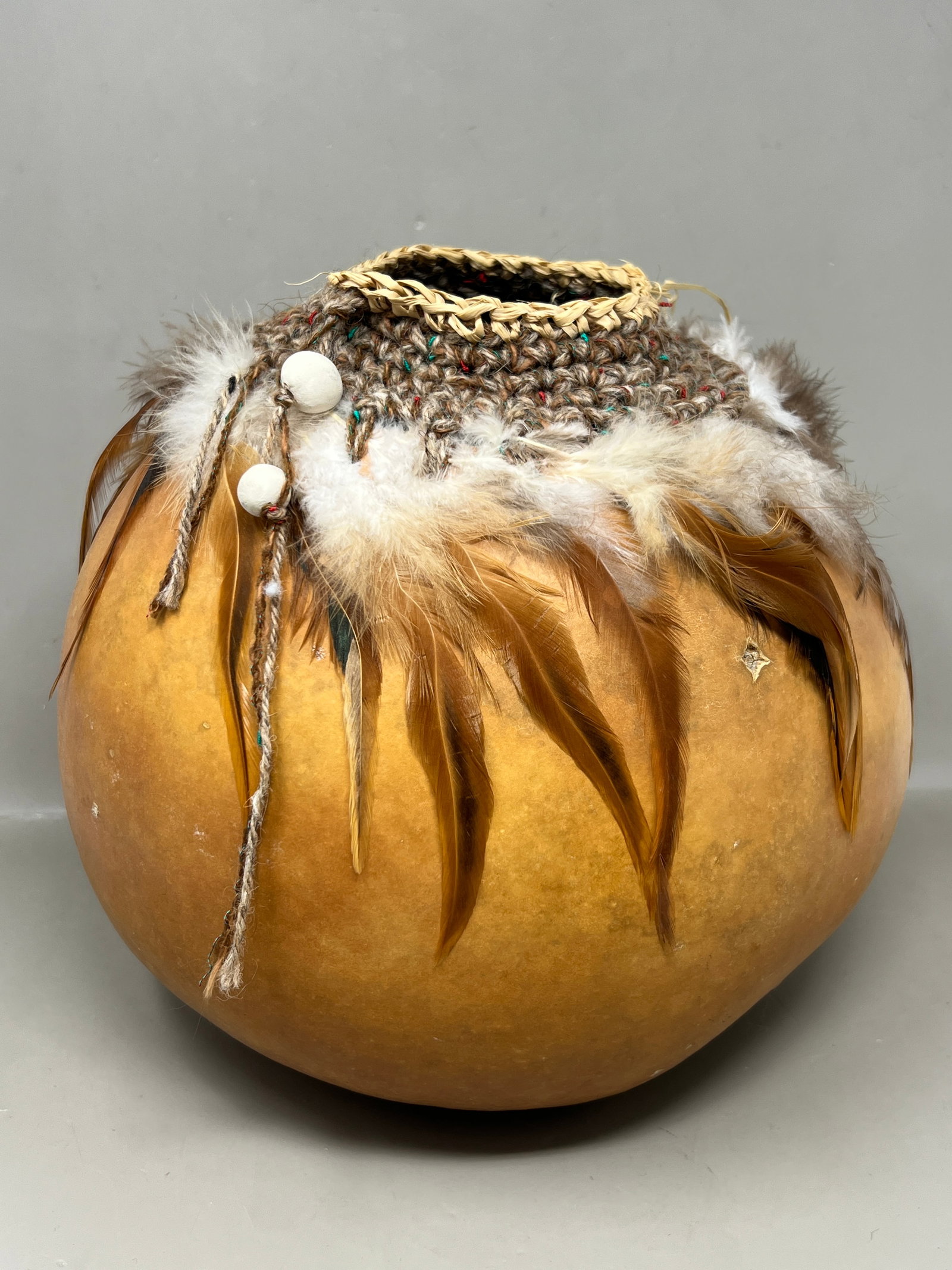Native American Handmade Feather & Crochet Gourd Vase (1 of 9)