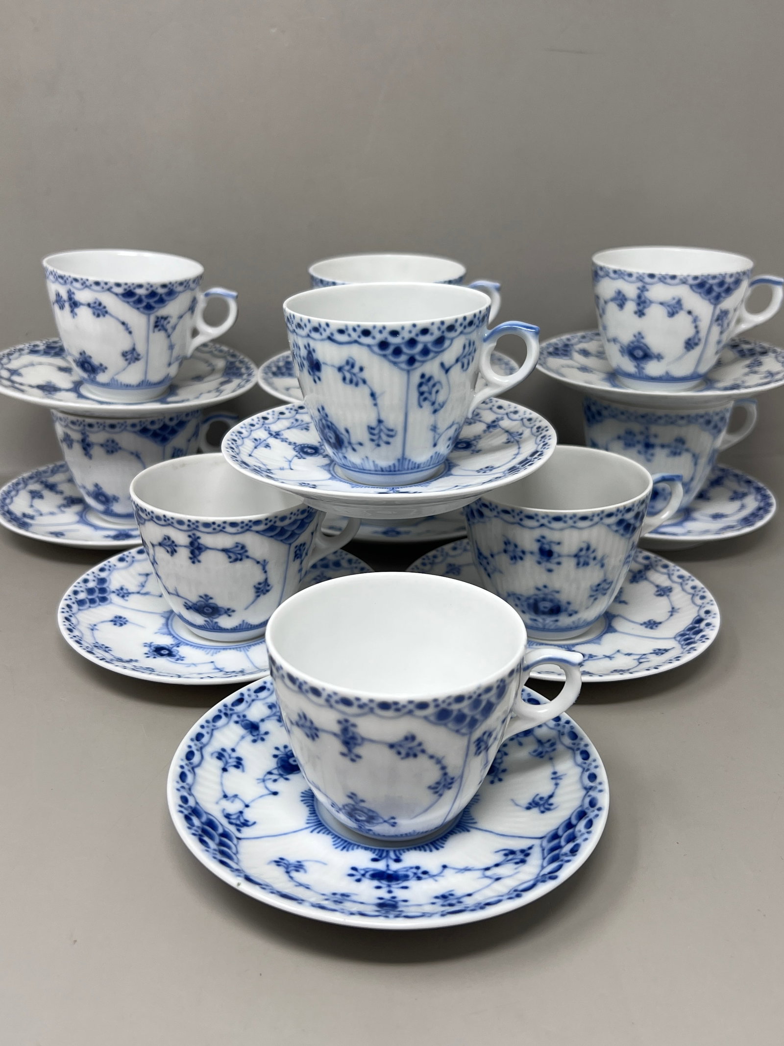 (10) Royal Copenhagen Blue Fluted Half Lace Demitase Cup & Saucers: marked 719