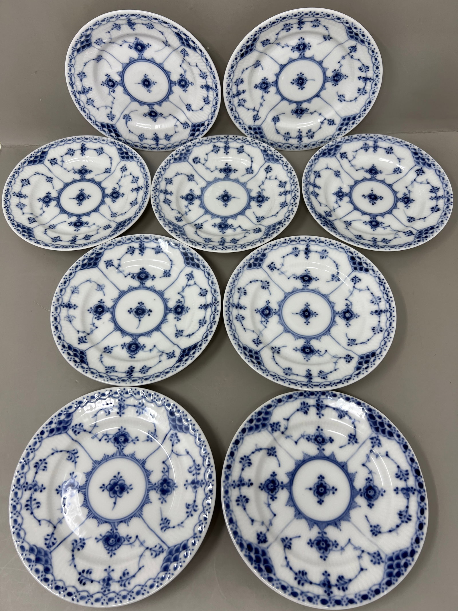 (7) Royal Copenhagen Blue Fluted Half Lace 5 5/8" Porcelain Saucers Plates: marked 576