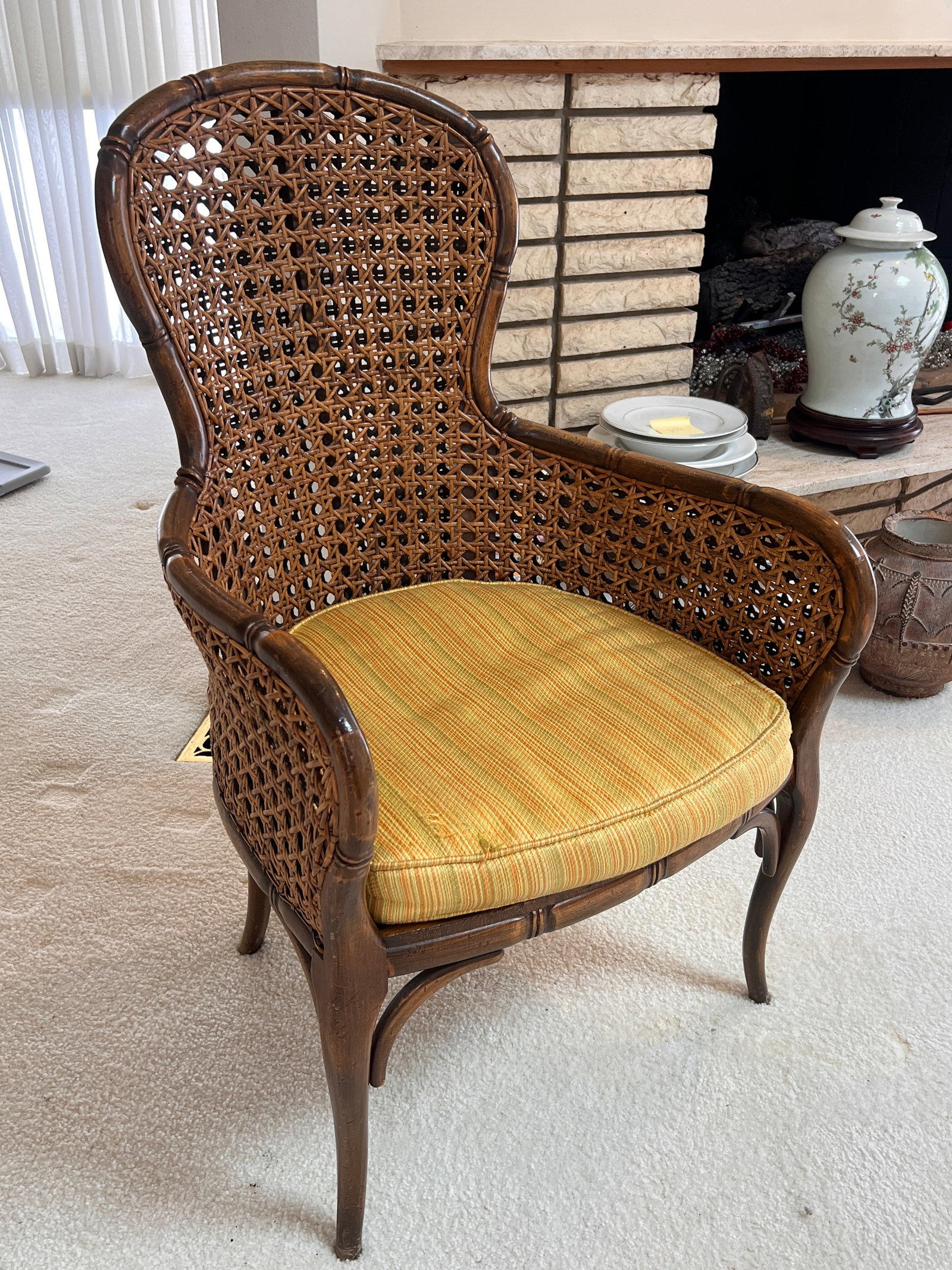 Wicker Caned Armchair with Velvet Cushion (1 of 4)