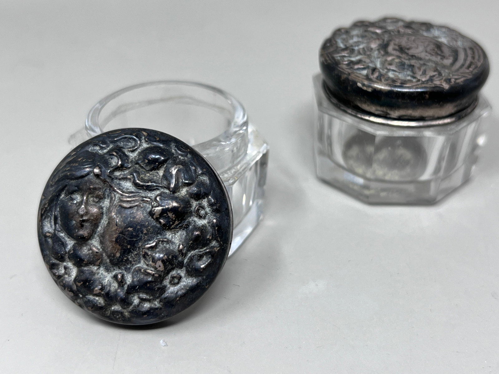 Pair of Antique Sterling Silver Lidded Crystal Powder Jars (1 of 10)