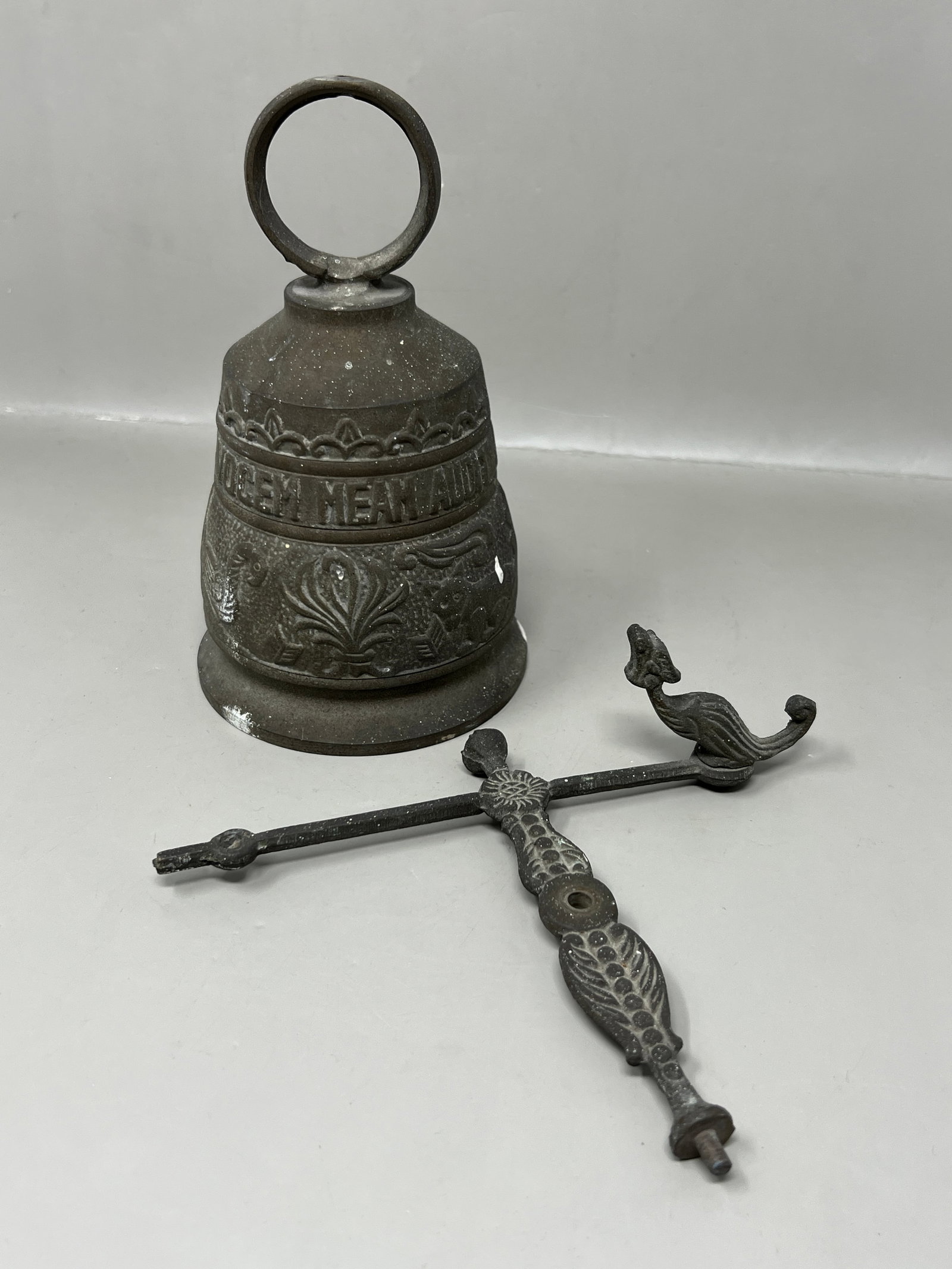 Older Brass Monastery Sanctus Bell "Vocem Meam Audit Qui Me Tangit" w Hanger: whoever touches me, hears my voice