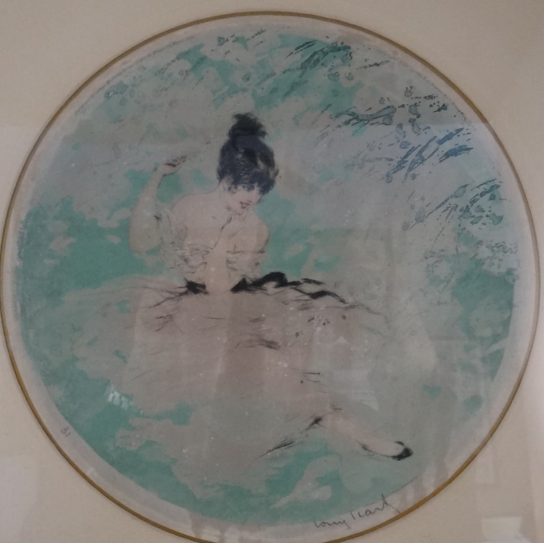 Louis Icart Aquitaine w/HP Watercolor & Gouache. 1920, Signed. 8 3/4" dia. (1 of 7)