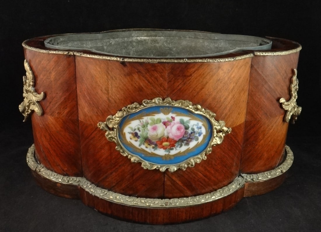 Antique French Napoleon III Rosewood Parquetry Planter w/Porcelain Plaque 14”x 9 ½” (1 of 12)