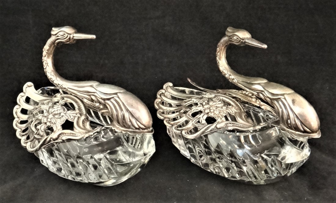 Pair of German Crystal Sugar Bowls w/Sterling Silver Repousse Bird Covers, 5 ¼” x 4 ¾ (1 of 10)