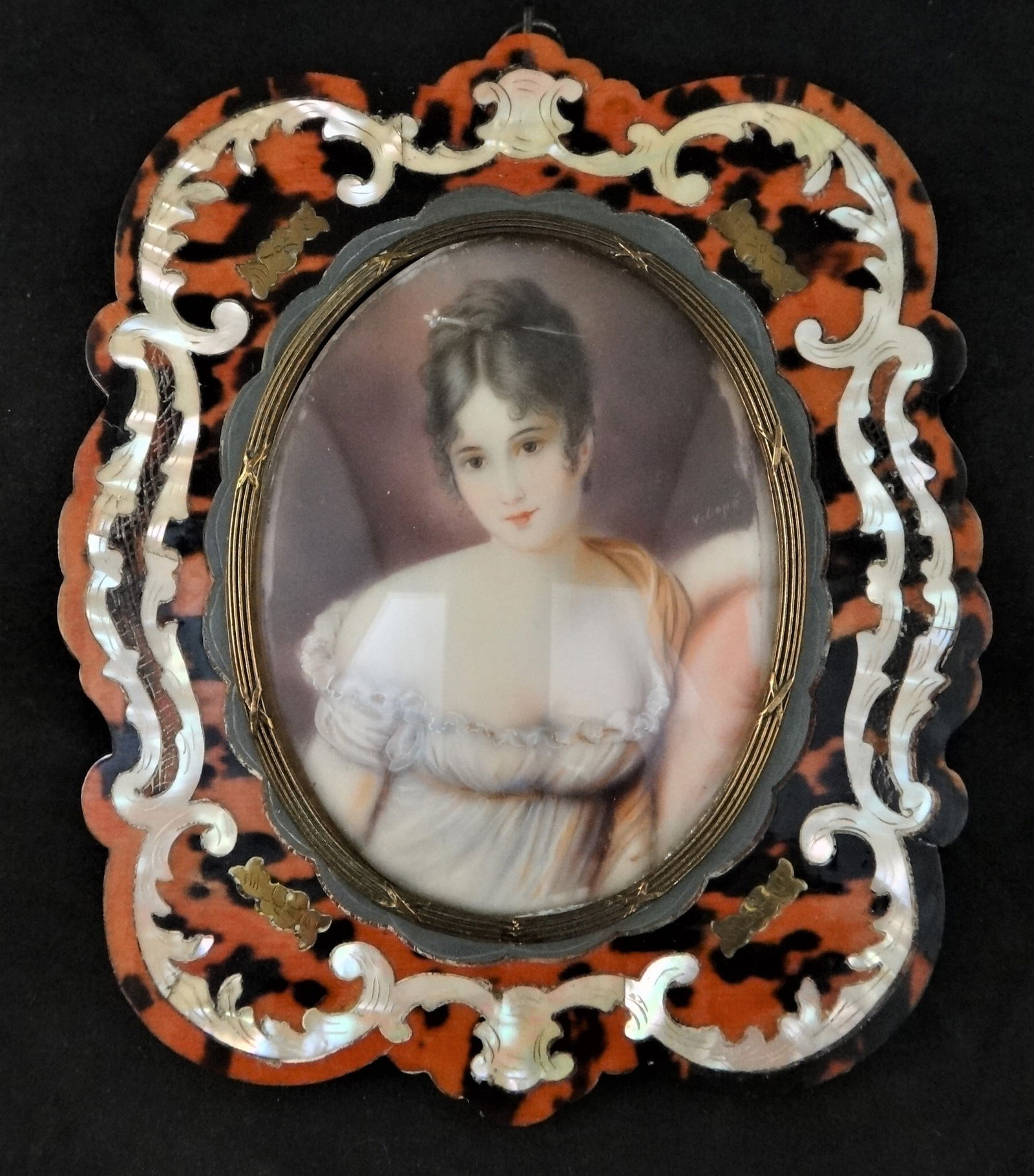Antique French Miniature Oval HP Portrait of a Young Woman, Boulle shell & brass frame.  (1 of 4)