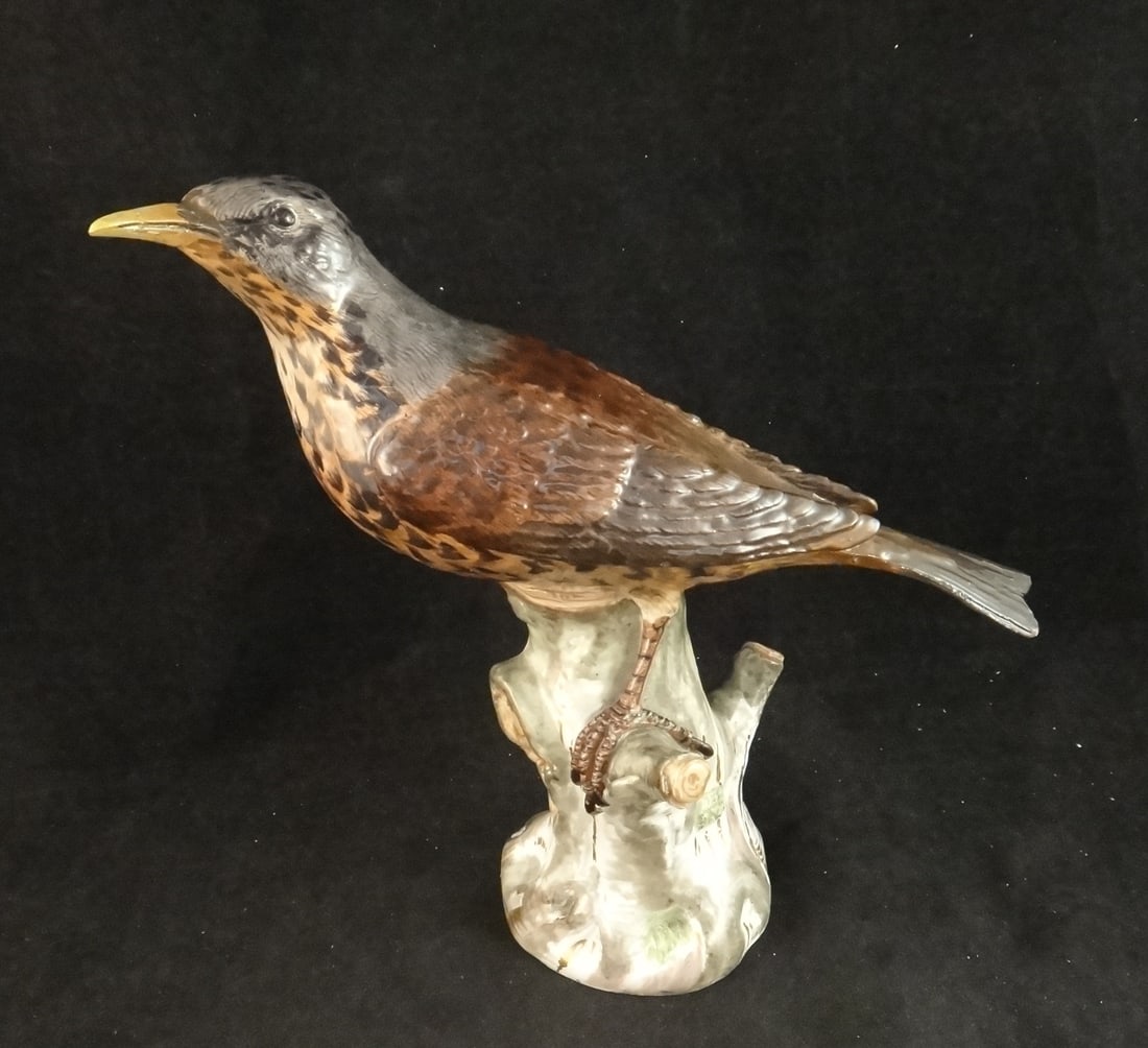 Scarce Antique German Meissen Porcelain Brown Song Thrush Perched, 8” tall (1 of 10)