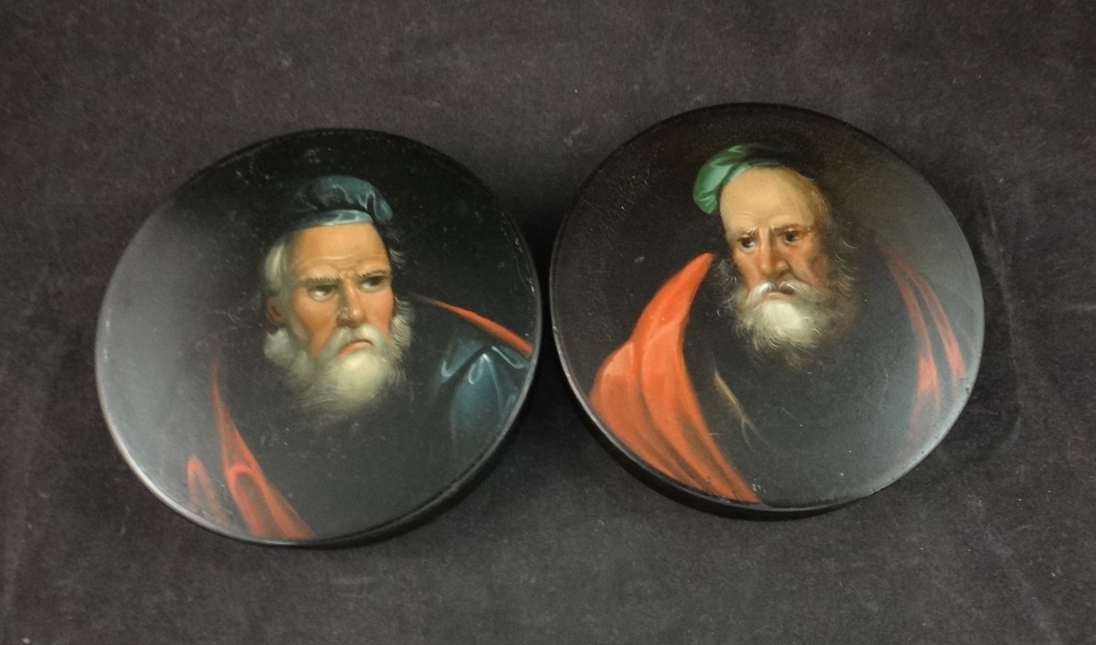 Pr. Antique German Stobwasser Style Paper Mache Snuff Boxes HP Saints,  3 5/8” d. (1 of 7)