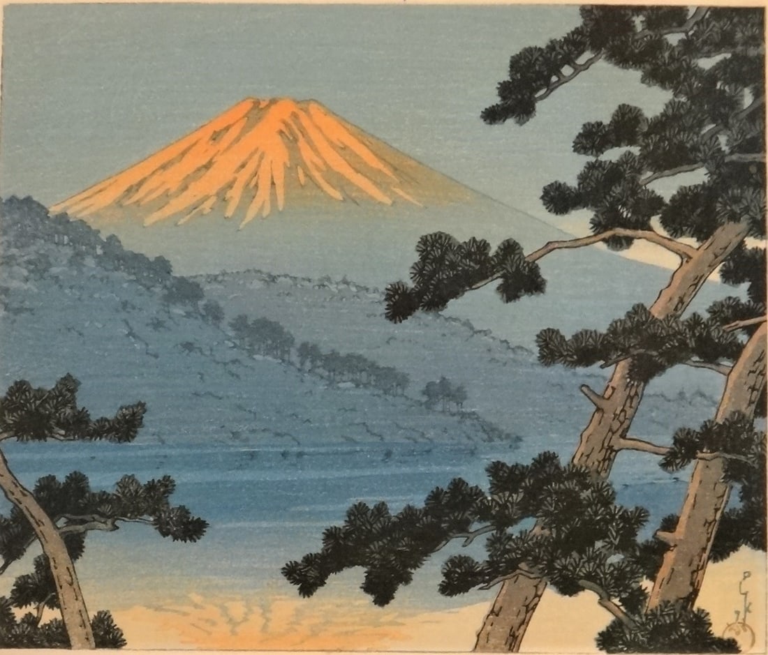 Rare Original Kawase Hasui 1935 Woodblock Print “Dawn over Lake Shoji”. 7” x 8R: Rare Original Kawase Hasui 1935 Woodblock Print “Dawn over Lake Shoji”, Morning sun hitting Mt. Fuji. Signed lower right. Published by Watanabe Shozaburo for a calendar, compliments of the