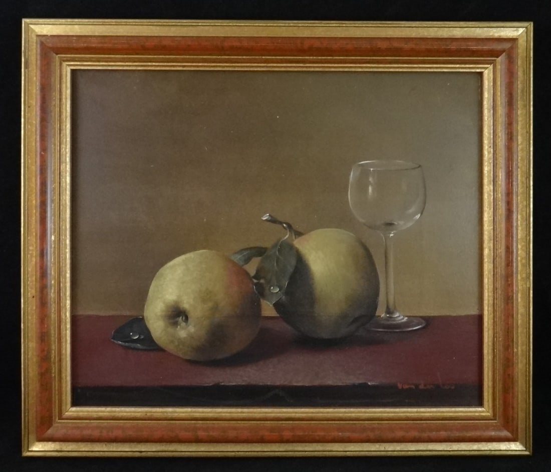 Jan van der Loo Oil on Canvas Still life, 2 Green Apples and Crystal Stem. 11” x 9”. (1 of 5)