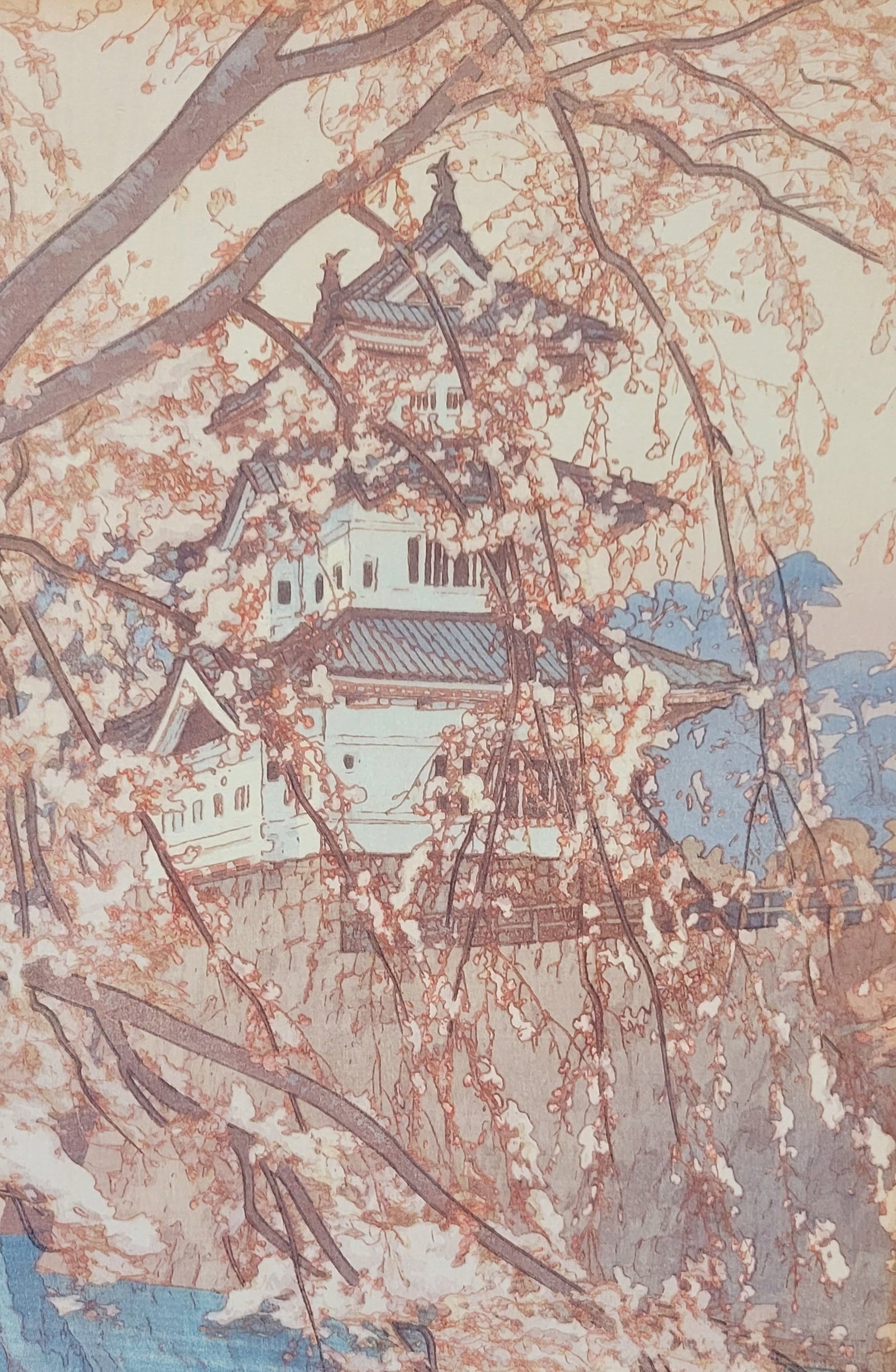 Scarce Original Japanese Hiroshi Yoshida Woodblock - Hirosaki Castle. Oban size: Scarce Original Japanese Woodblock Print by Hiroshi Yoshida of Hirosaki Castle, from the series: Eight Views of Cherry Blossoms. 1935. Very good impression with good colors in very good condition. Oba
