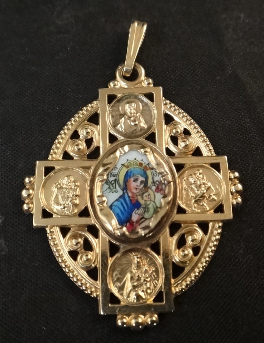 Antique 14k Gold Religious Pendant w/Madona & Child, Jesus, 1 5/8”x 1 1/16” (1 of 5)