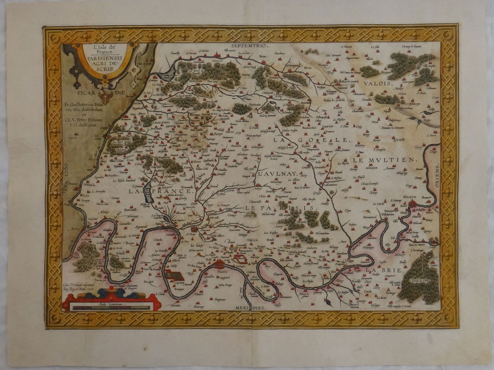 Original 16th c. Map of Paris - L’isle de France - Parisiensis Agri de Scrip. 21” x: Original Large 16th cent. Antique Map of Paris, France – L’isle de France – Parisiensis Agri de Scrip. Copper engraved, dated 1598 & hand colored. Measures 21” x 16”. By