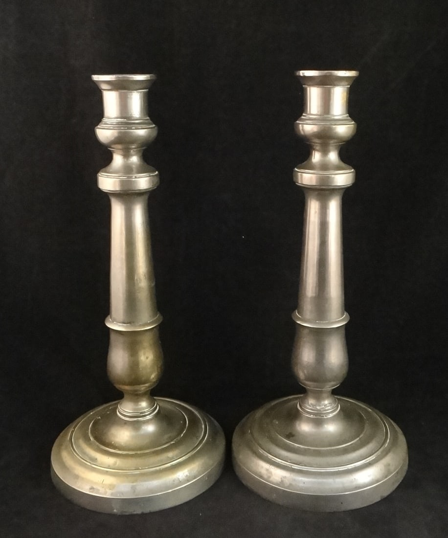 Pair of French Empire Bronze Candlesticks with tapered columns, 11” tall x 5” dia. base. (1 of 4)