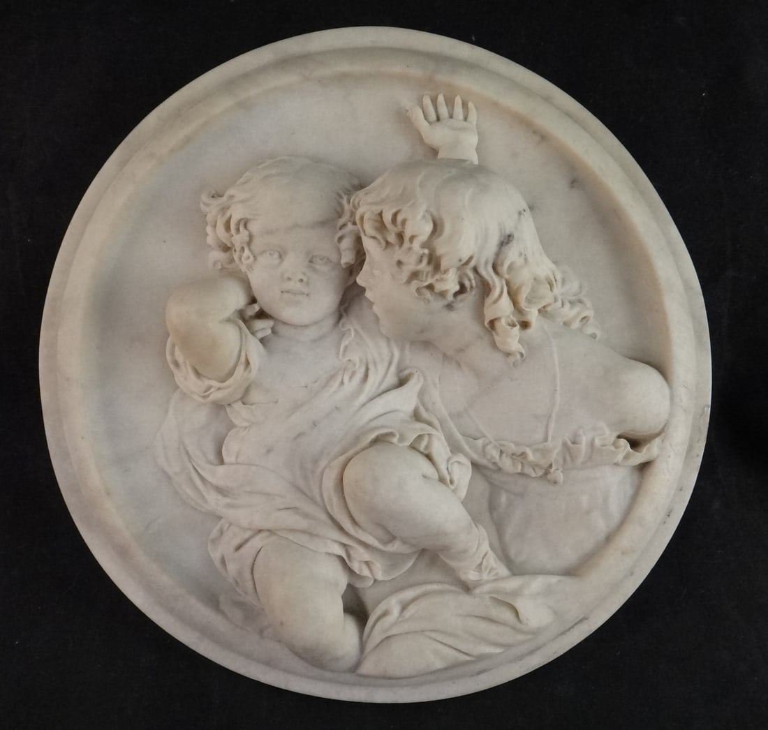 Antique Italian Marble Round Plaque in High Relief – Mother & Child. 7” dia. (1 of 8)