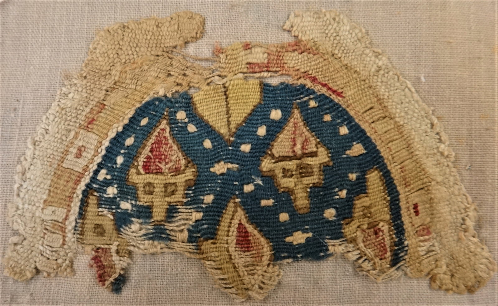 Ancient Byzantine Coptic textile fragment of candlesticks with flames, 5 ¼" X 3 ¼" (1 of 3)