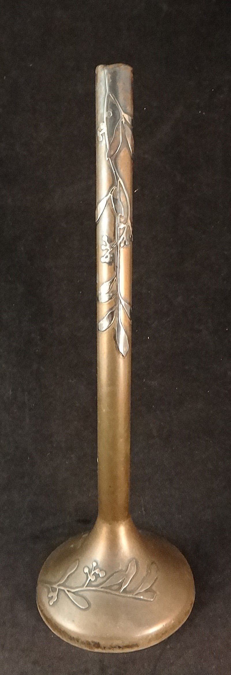 Antique Heintz Sterling Inlaid Bronze Stick Neck Vase, Floral Design (1 of 12)