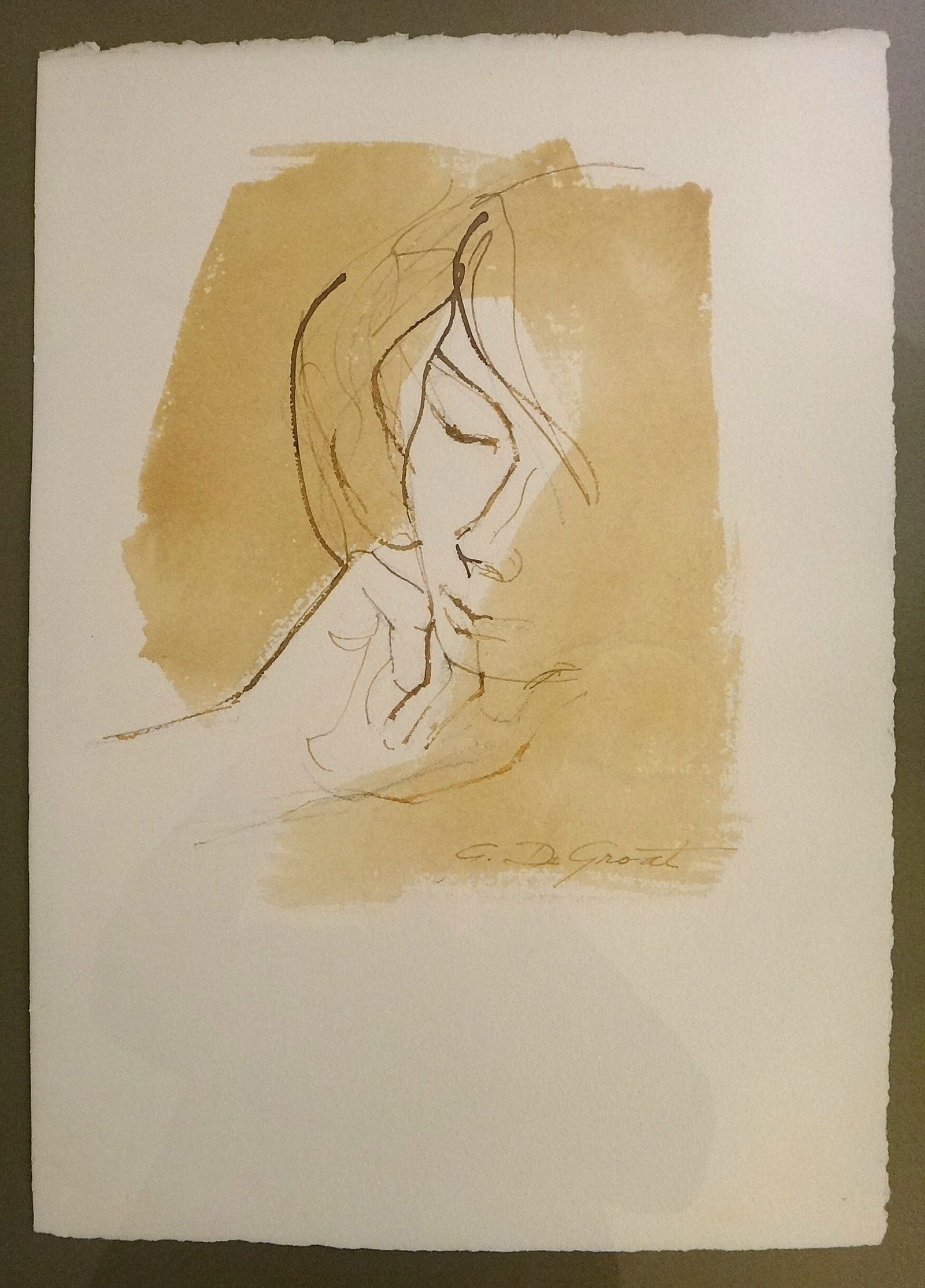 George De Groat (1917-1995) Watercolor titled: Head Study, circa 1980’s: George De Groat (1917-1995) Watercolor titled: Head Study. Features a woman touching her face. Signed lower right. Circa 1980's. A sepia etching was made from this watercolor. Watercolor size is 20&rd