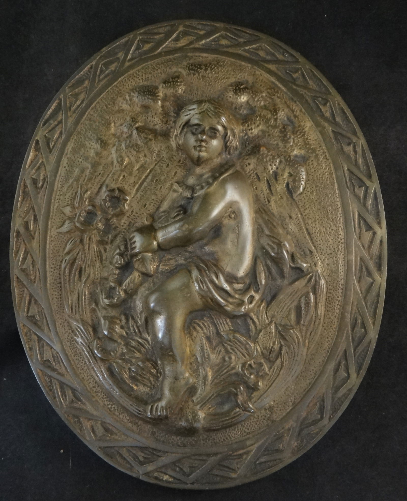 Antique French Bronze Oval Plaque - Child in a Garden Setting. (1 of 4)