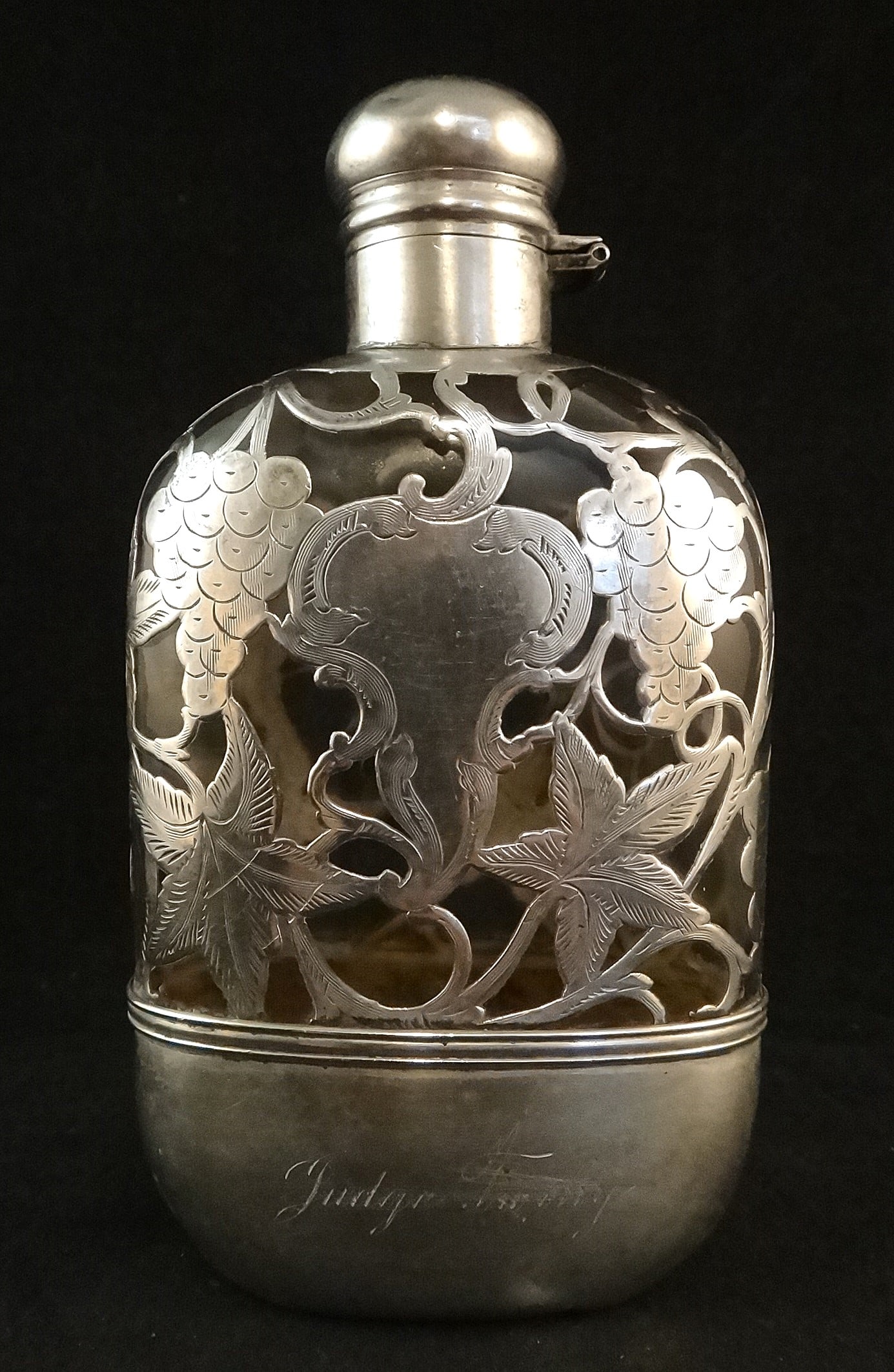 Antique Art Nouveau Sterling Silver Overlay Glass Flask. (1 of 12)