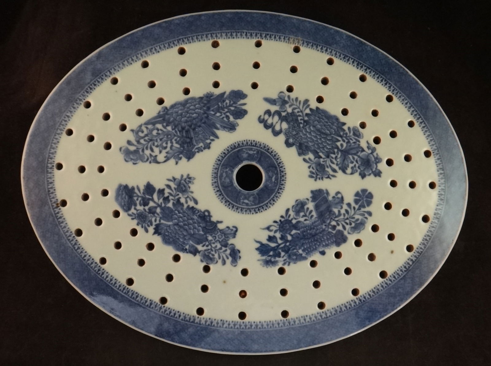 18th c. Chinese Export Porcelain Trivet Platter: Late 18th cent. Chinese Export Porcelain Trivet Platter in the Fitzhugh Pattern with Pierced Holes for Drainage. 12 ¼” x 9 ½”. Emperor Qianlong Period.