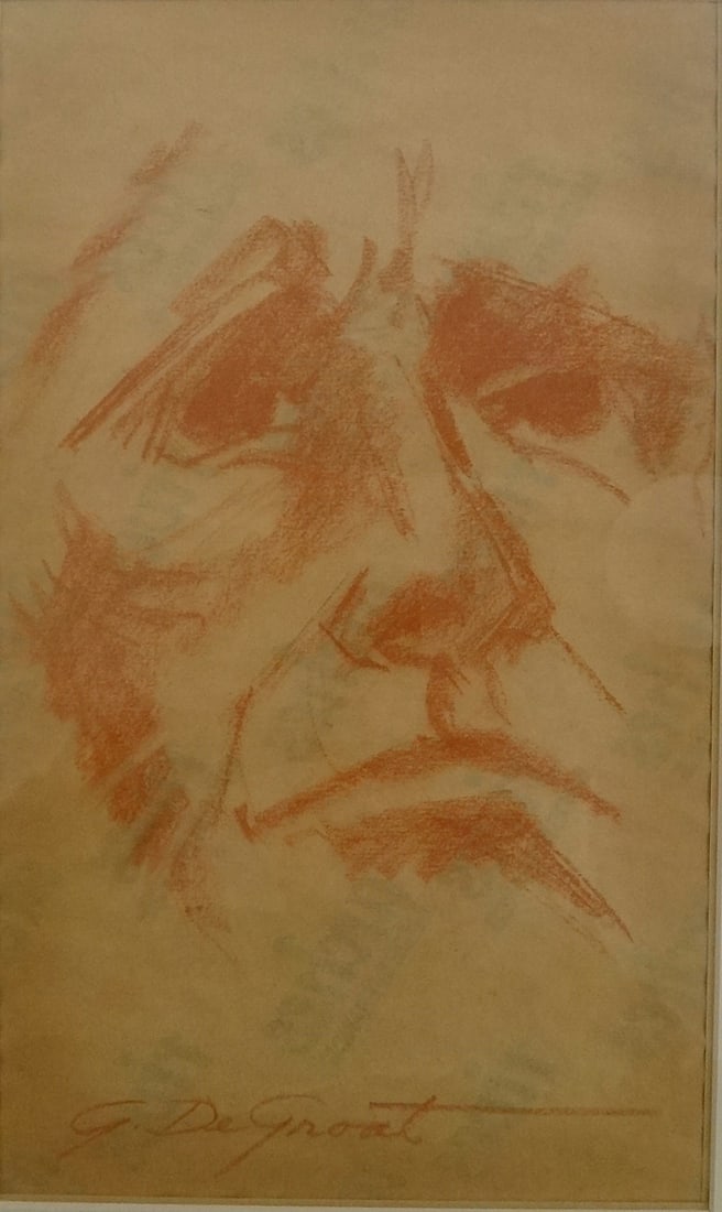 Original George Hugh De Groat Conté Signed Crayon Drawing of a Face.: Original George Hugh De Groat (1917-1995) Conté crayon drawing of a Face. Signed G. De Groat. Circa 1960’s-80’s. Drawing shown measures 8” x 13 ½”. Gilt wood frame is 17 5/8&rd
