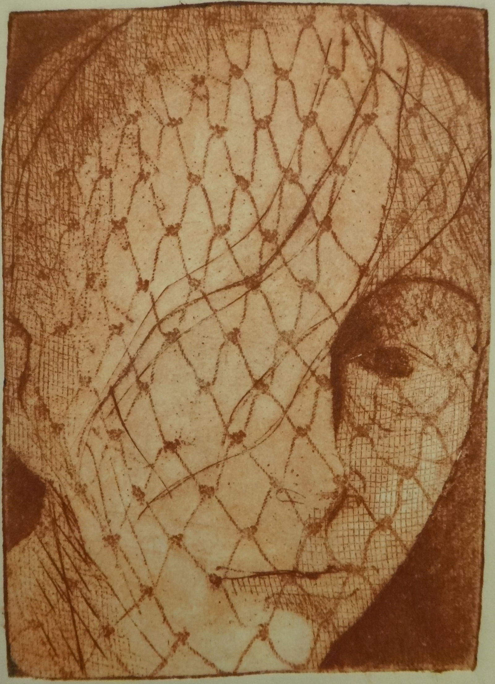 Original George Hugh De Groat Colored Etching of a Face.: Original George Hugh De Groat (1917-1995) Colored Etching of a Face. Circa 1960’s-80’s. Unsigned, unframed. Print size is 6” x 4 ½”. Paper size is 16” x 13”. Stored