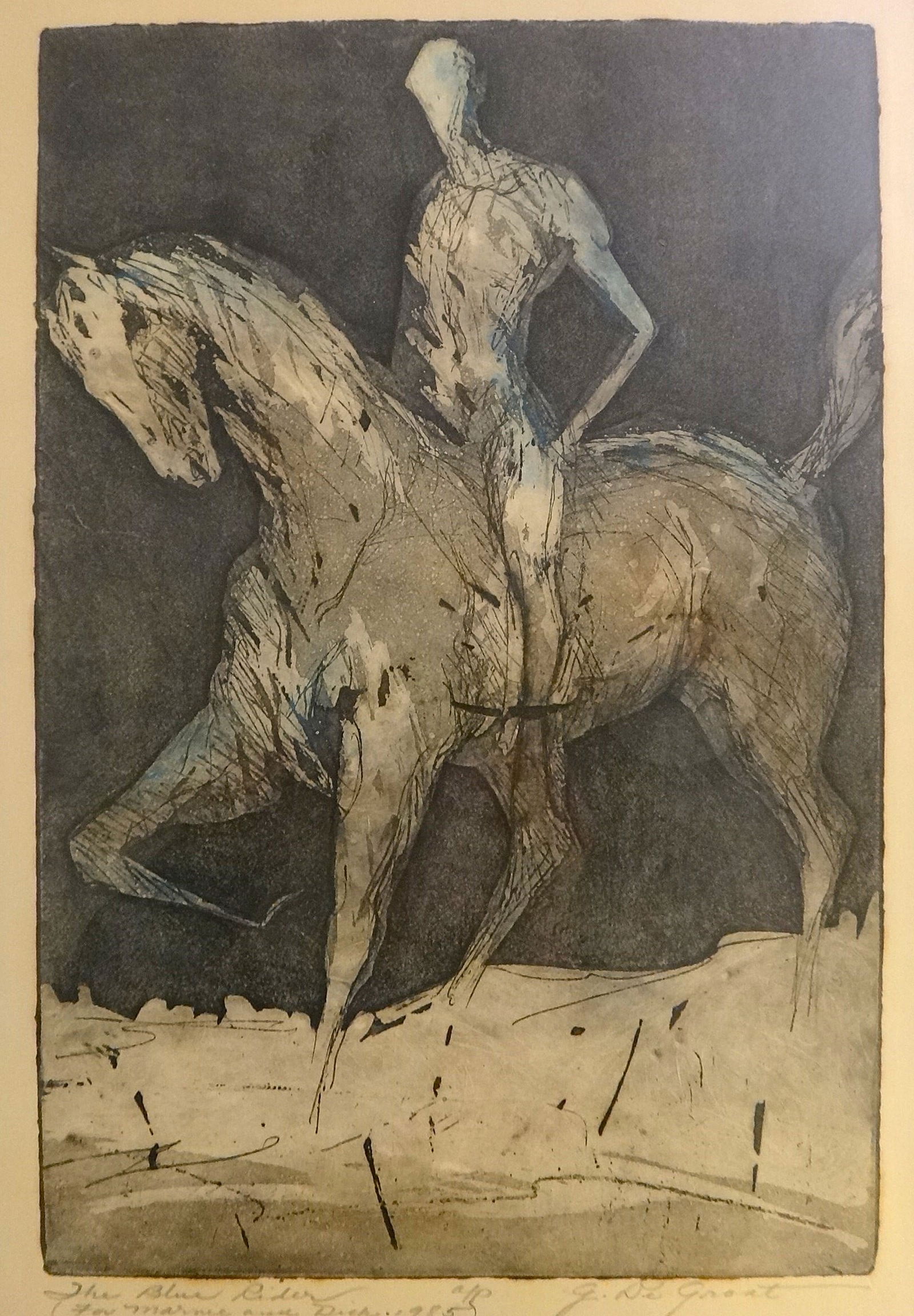 George De Groat Colored Etching – Horse & Rider: George De Groat (1917-1995) Colored Etching – Horse & Rider – 1985. Titled: The Blue Horse. Lower margins in pencil: Signed, marked A/P (Artist Proof), Titled: The Blue Rider and dedicated with 19