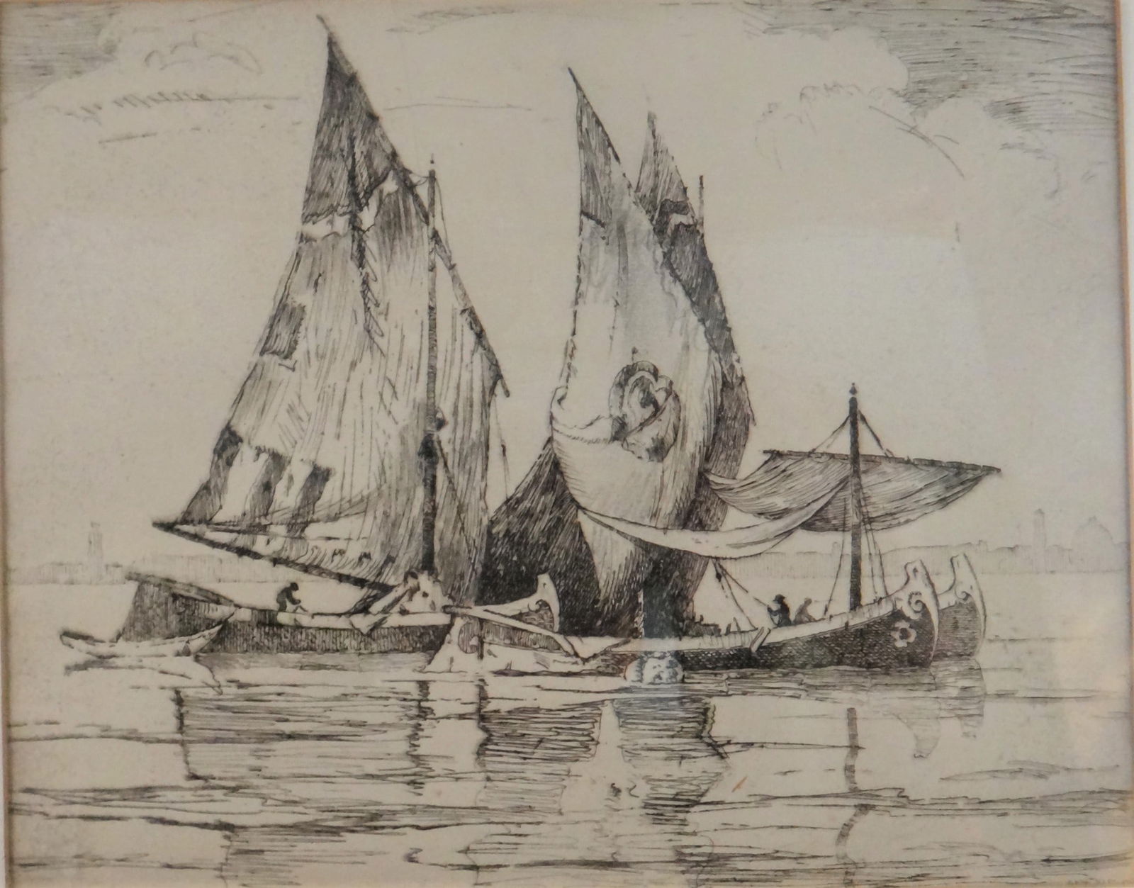 Dana Bartlett, CA Artist, Etching of Sailboats near Venice. Signed. (1 of 6)
