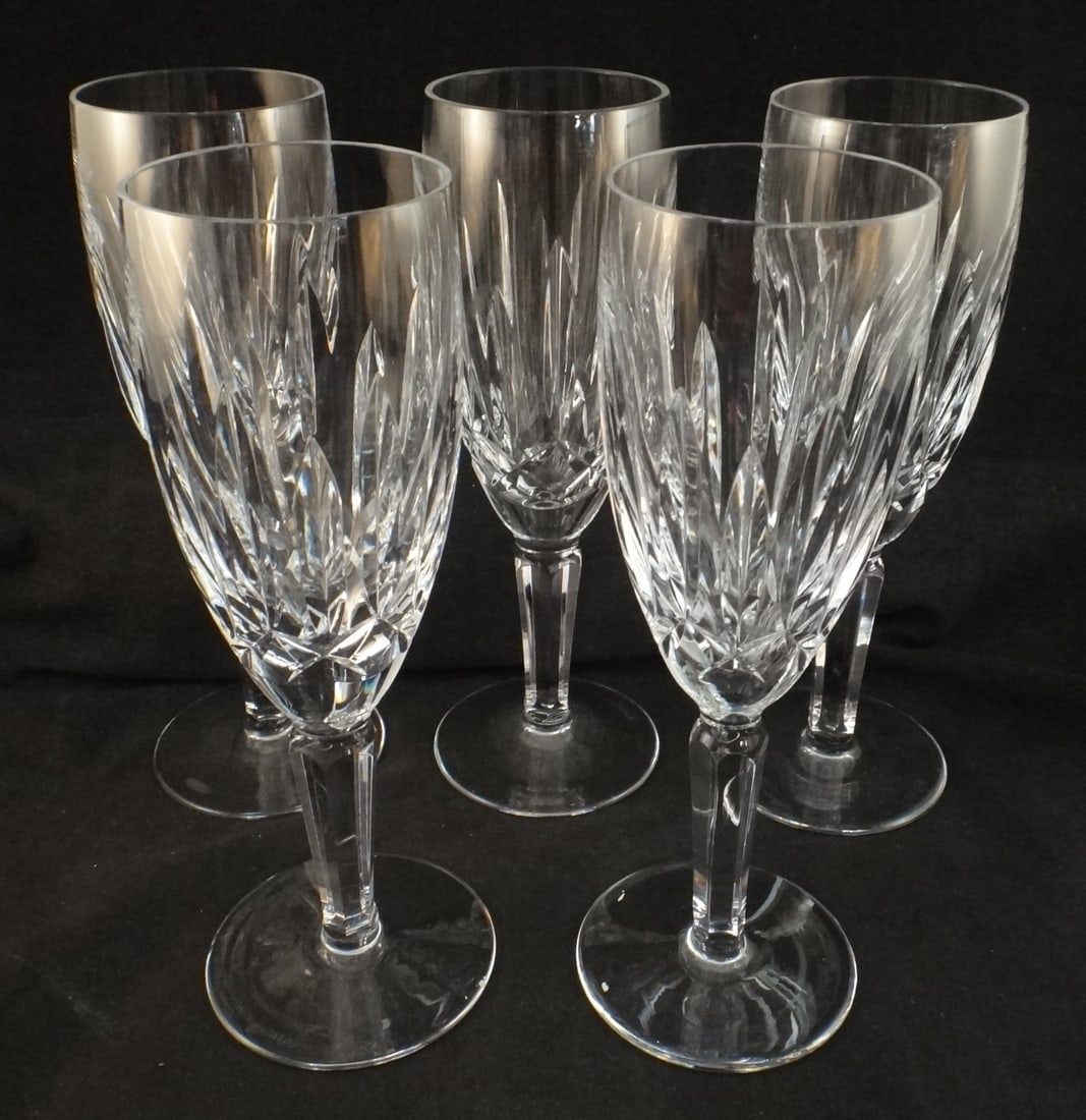 5 Vintage Waterford Cut Crystal Champagnes - Kildare: Set of 5 Vintage Waterford Cut Crystal Champagnes in the Kildare Pattern (retired). 7 ¼” tall. Acid etched Waterford mark on each.